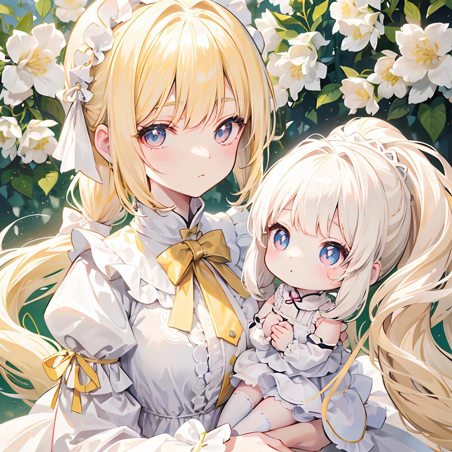 best quality,4k,8k,highres,masterpiece:1.2,ultra-detailed,realistic:1.37,portrait,beautiful mother and daughter in an Italian garden,medium:oils,classic Italian style,soft and warm colors,gentle lighting,delicate brush strokes,artistic masterpiece,pastel-hued flowers,bright blue sky and fluffy white clouds,fine details on their dresses,mother wearing an elegant white gown,daughter in a white dress with delicate lace,sparkling tiaras on their heads,smiling and joyful expressions,daughter holding a bouquet of white roses,embrace of love and innocence,subtle sunlight filtering through the trees,whisper of a gentle breeze,tranquil and peaceful atmosphere,mother's loving gaze,daughter's eyes full of excitement and joy,overall scene exudes purity and serenity.