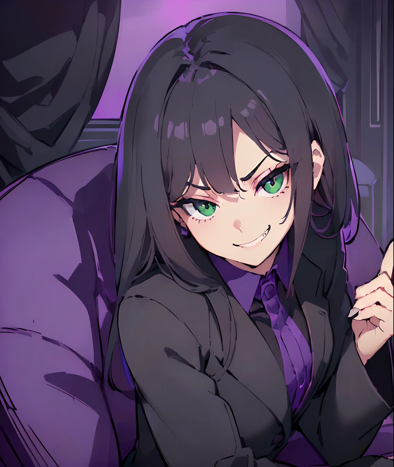 (((cheeky looking buisness woman with a devious grin, wearing a black formal buisness suit, black dyed hair, green eyes, small bust, making a smug and haughty expression, sitting in a large comfy office chair, dark atmosphere, dim purple pink lighting, office environment, high quality, smooth fair skin, closeup shot, head resting on her palm)))