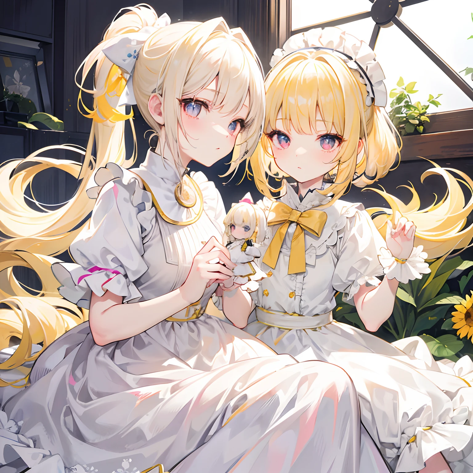 Light yellow hair，Only ponytail，The face is as gentle and cute as a doll，Pale yellow and white Lolita clothes，Pale pink pupils，She is a sweet girl，The voice is very soft and cute，It's called Yaojin Fawn