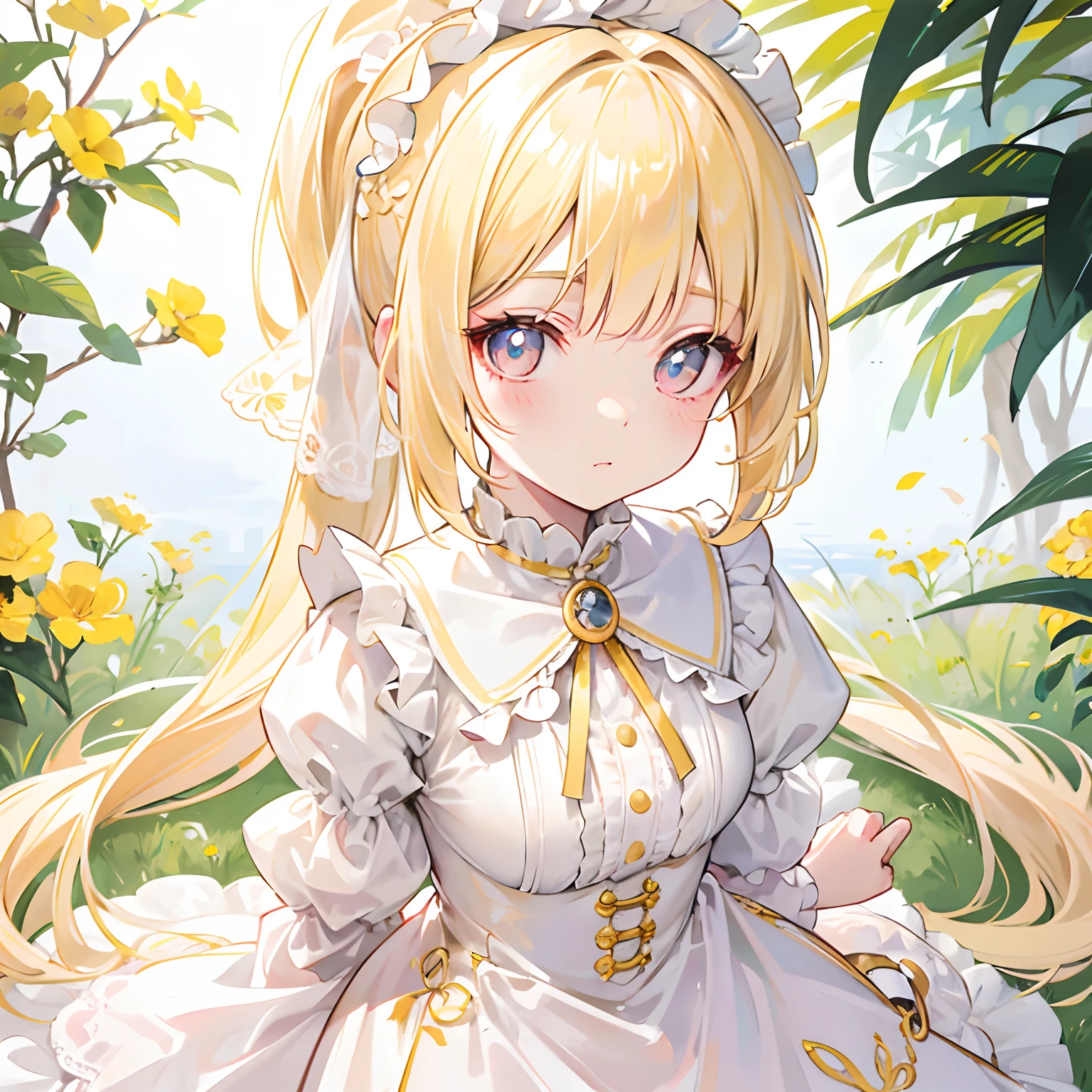 Light yellow hair,Only ponytail,The face is as gentle and cute as a doll,Pale yellow and white Lolita clothes,Pale pink pupils,She is a sweet girl,The voice is very soft and cute,It's called Yaojin Fawn