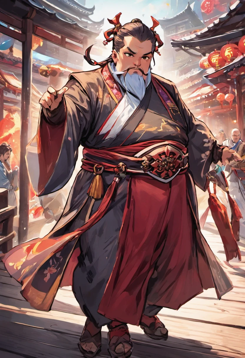 Handsome swordsman,Hanfu,Drinking with a fat Taoist priest on the boardwalk