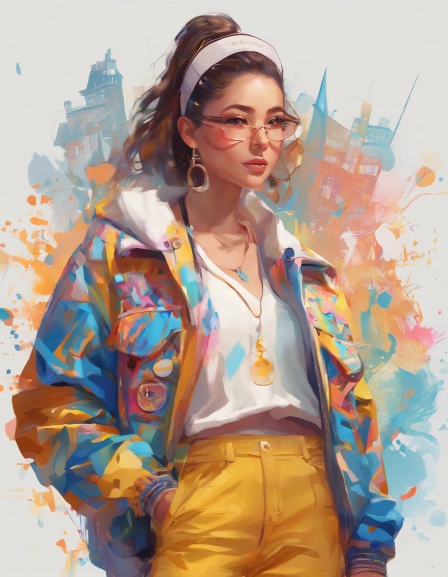 Perfect centering arrangement, Cute girls all over, Wear a student varsity jacket, Wear sunglasses, Wearing headphones, cheerfulness, Standing position, abstract beauty, centered, looking at the camera, facing camera, Approaching perfection, dynamic, moon light, high-detail, digital painting, art station, Concept Art, smooth, crisp focus, 10, high-res, illustration, Art by Carne Griffiths and Wadim Kashin, White background