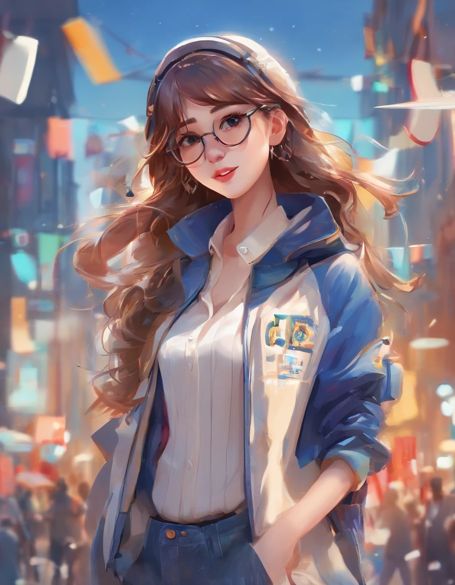 Perfect centering arrangement, Cute girls all over, Wear a student varsity jacket, Wear sunglasses, Wearing headphones, cheerfulness, Standing position, abstract beauty, centered, looking at the camera, facing camera, Approaching perfection, dynamic, moon light, high-detail, digital painting, art station, Concept Art, smooth, crisp focus, 10, high-res, illustration, Art by Carne Griffiths and Wadim Kashin, White background
