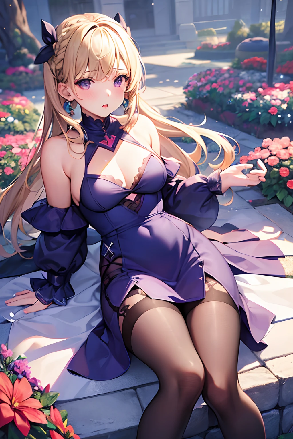 1 girl, solo, masterpiece, winter background, garden, blue dress, cutshoulder,black eyes, blonde haired, open hairstyle,fancy round earings, off red lips,dark pink sandels, pink stockings
