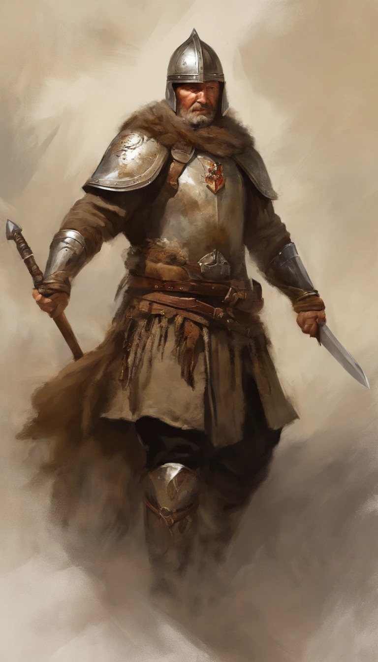 ((((General Kraus)))), Man in a brown suit with a sword, with a tunic and face covered by a hood Highly detailed character, Guerrero vikingo, Epic Viking King, Ancient Norse epic hero, musculoso de pelo largo con tatuaje Philippine God of War, a lomos de caballo, Estilo modelshoot, (fondo de pantalla CG 8k extremadamente detallado), Body photo of the most beautiful work of art in the world, Armadura medieval, Retrato corporal, Nimrod el primer rey de Babilonia, cazador, barbarous, Hombre macho, majestic professional oil painting by Ed Blinkey, Atey Ghailan, Estudio Ghibli, por Jeremy Mann, Greg Manchess, Antonio Moro, tendencia en ArtStation, tendencia en CGSociety, intrincado, High detail, foco nítido, dramatic and photorealistic painting art by midjourney and greg rutkowski, (((a lomos de caballo)))