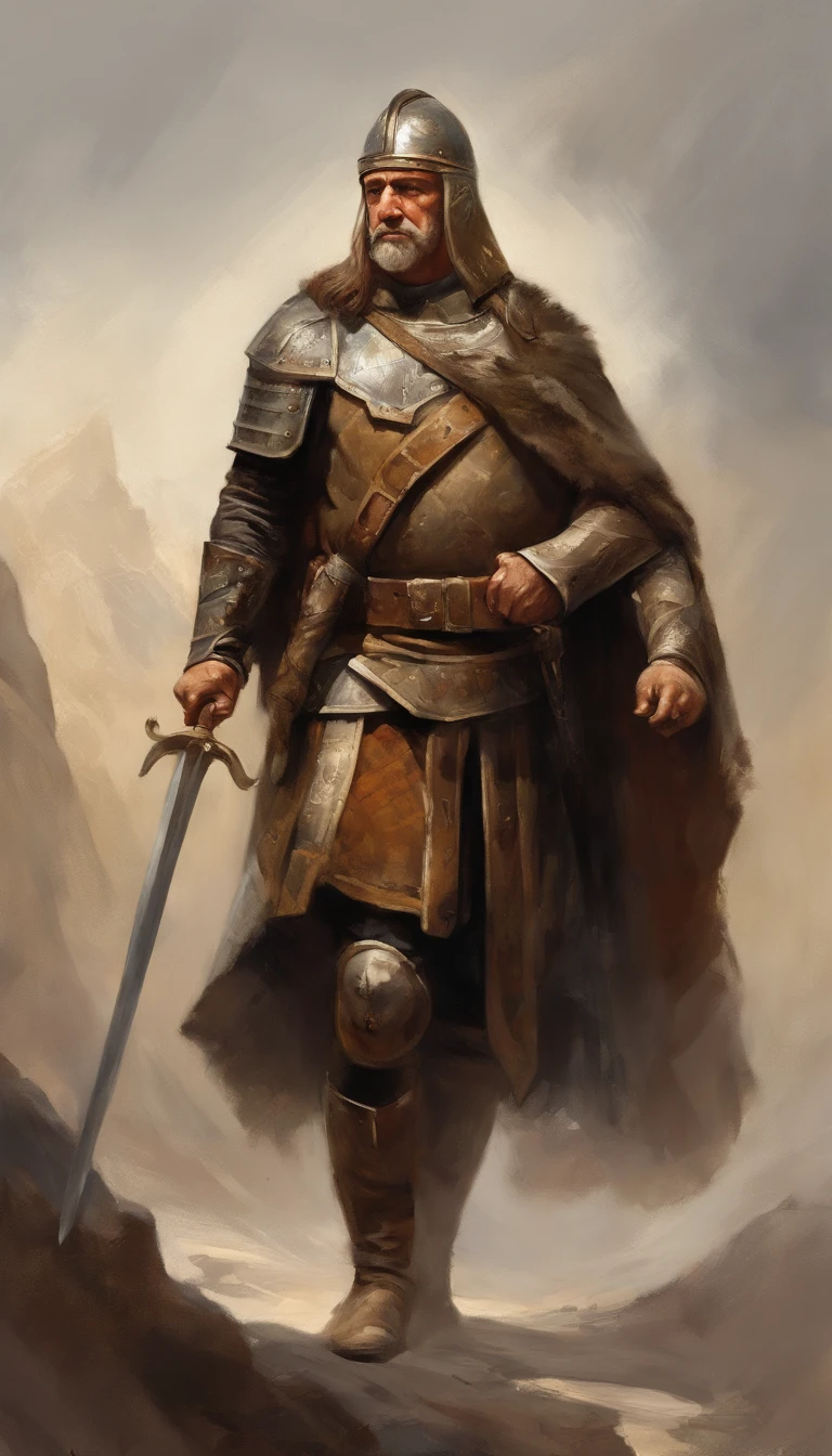 ((((General Kraus)))), Man in a brown suit with a sword, with a tunic and face covered by a hood Highly detailed character, Guerrero vikingo, Epic Viking King, Ancient Norse epic hero, musculoso de pelo largo con tatuaje Philippine God of War, a lomos de caballo, Estilo modelshoot, (fondo de pantalla CG 8k extremadamente detallado), Body photo of the most beautiful work of art in the world, Armadura medieval, Retrato corporal, Nimrod el primer rey de Babilonia, cazador, barbarous, Hombre macho, majestic professional oil painting by Ed Blinkey, Atey Ghailan, Estudio Ghibli, por Jeremy Mann, Greg Manchess, Antonio Moro, tendencia en ArtStation, tendencia en CGSociety, intrincado, High detail, foco nítido, dramatic and photorealistic painting art by midjourney and greg rutkowski, (((a lomos de caballo)))