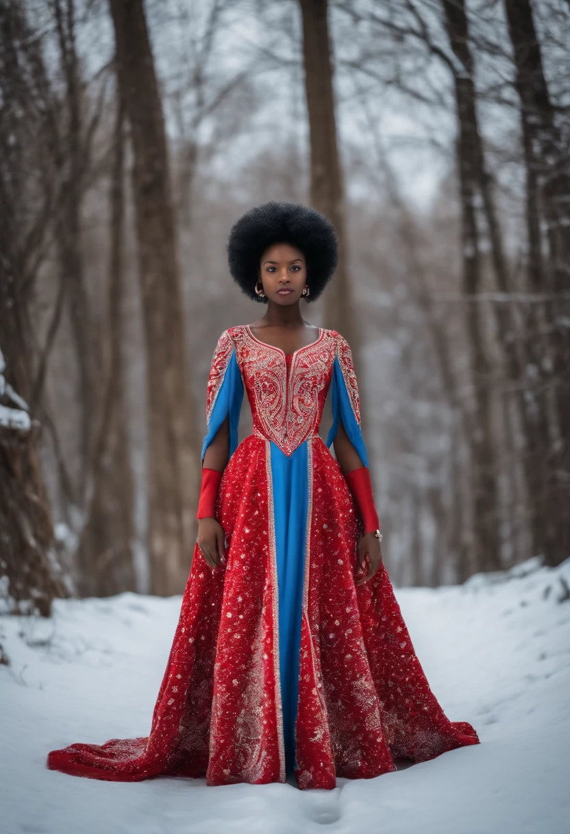 une fille metisse aux yeux bleu claire cheveux crepus afro lisse de 18 ans la taille bien fine, avec une robe courte rouge, qui marche sur la neige