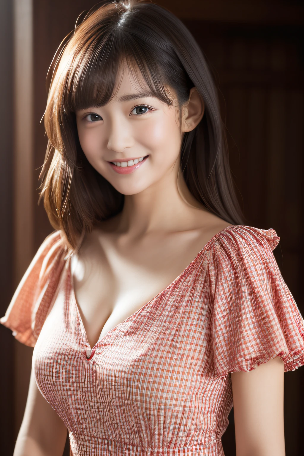 Young girl in red and white checked ruffled dress in house studio, finely detail, beautiful detailed women,flat chest, full bodyesbian,A dark-haired,Long,a smile,Showing leaves,Looking here,The chest is not open