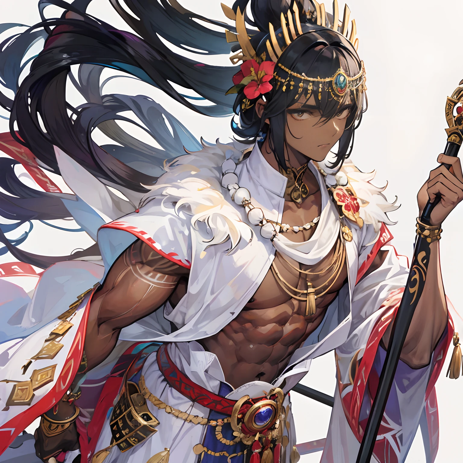 man,lean,muscular,dark skin,white eyes,wearing a regal traditional hawaiian attire,ornate head dress,holding a cane,tattos all around his body