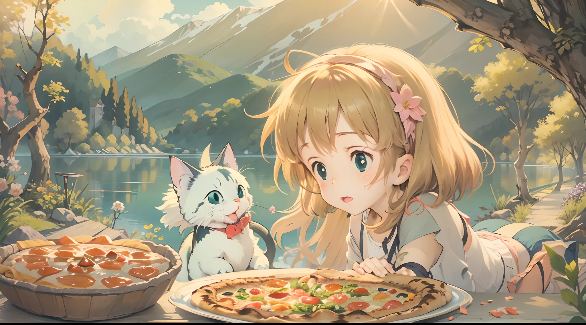 (Studio Ghibli style 1.3)A -yeld giBy the lake in the forest,Kittens are by your side,flower sea,having picnic,There are vegetables,the fruits,pizza,Extreme light and shadow,Aurora chase,Extreme ambient light,The ultimate lake reflection,heal,bright sun,(and its delicate facial features1.3)(and its delicate eyes1.3)(Overhead wide angle 1.2)