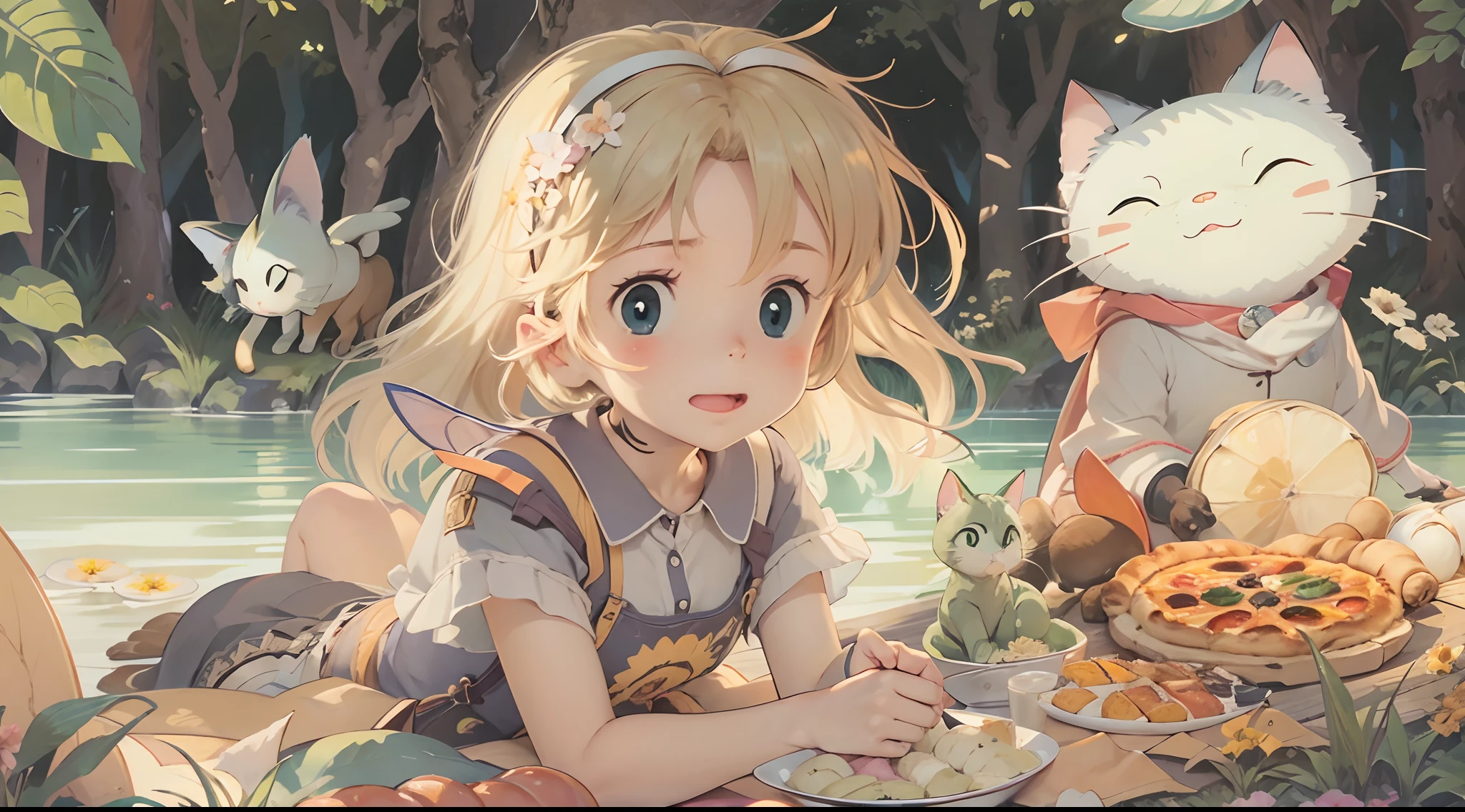 (Studio Ghibli style 1.3)A -yeld giBy the lake in the forest,Kittens are by your side,flower sea,having picnic,There are vegetables,the fruits,pizza,Extreme light and shadow,Aurora chase,Extreme ambient light,The ultimate lake reflection,heal,bright sun,(and its delicate facial features1.3)(and its delicate eyes1.3)(Overhead wide angle 1.2)