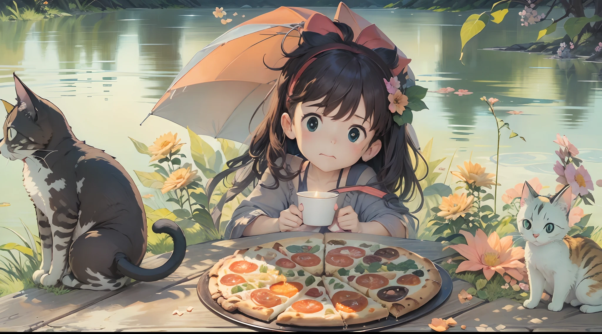 (Studio Ghibli style 1.3)A -yeld giBy the lake in the forest,Kittens are by your side,flower sea,having picnic,There are vegetables,the fruits,pizza,Extreme light and shadow,Aurora chase,Extreme ambient light,The ultimate lake reflection,heal,bright sun,(and its delicate facial features1.3)(and its delicate eyes1.3)(Overhead wide angle 1.2)