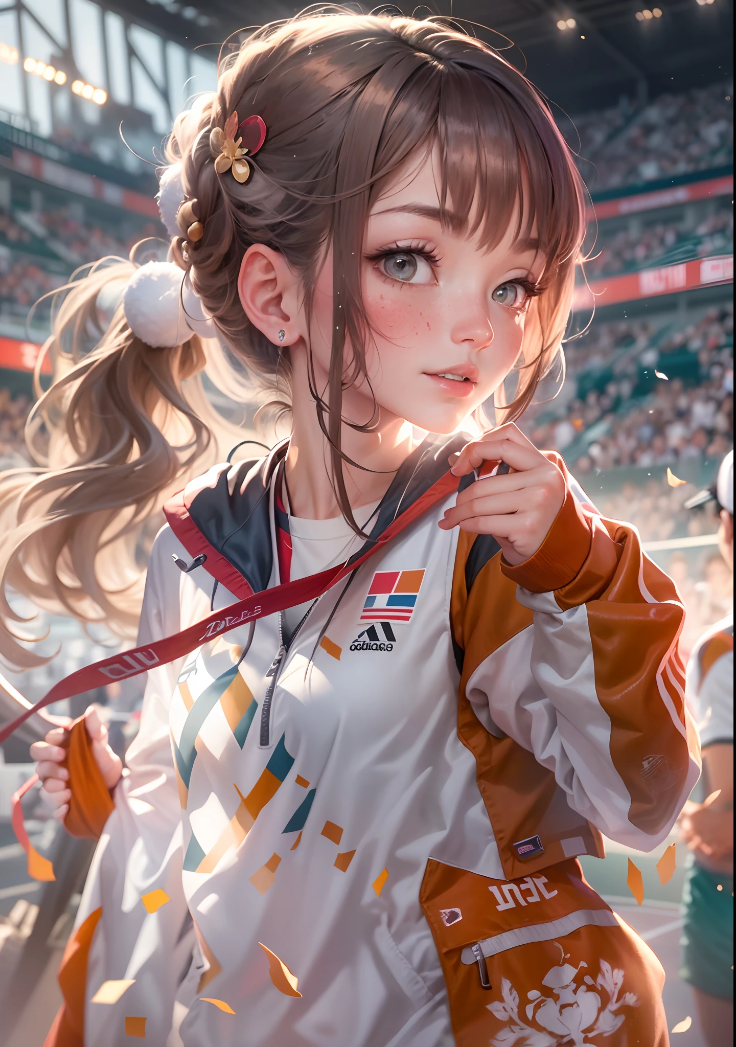 ((Best quality)) , ((Masterpiece)) , (Detailed) ,(Award-winning female athlete:1.3) , Member of the Chinese team，Wear a gold medal，On the tennis court， Glad，Festive atmosphere，Streamer splashes，(pixiv contest winner:1.1)   , Close-up portrait, （Wearing Adidas tracksuits:1.2），National team sportswear，Hold an award ceremony， overdetailed art, hair light, f/5, cinematic colour, RTX, card game illustration, Thick brush, （splatter effect:1.1），hd anime wallpaper,8K resolution