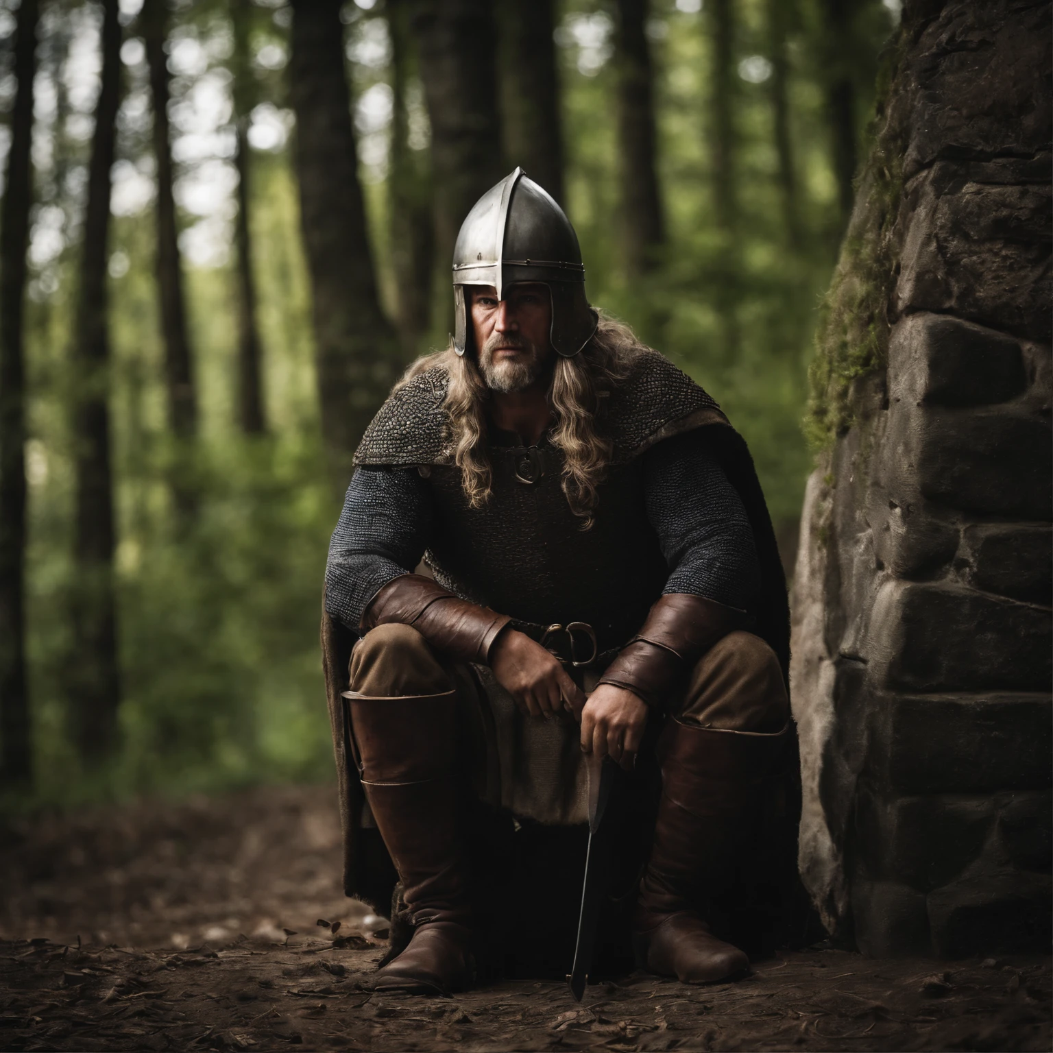 homem de 45 anos, capacete medieval, with room for the face, com cota de malha, man with experience, rosto assustador, viking