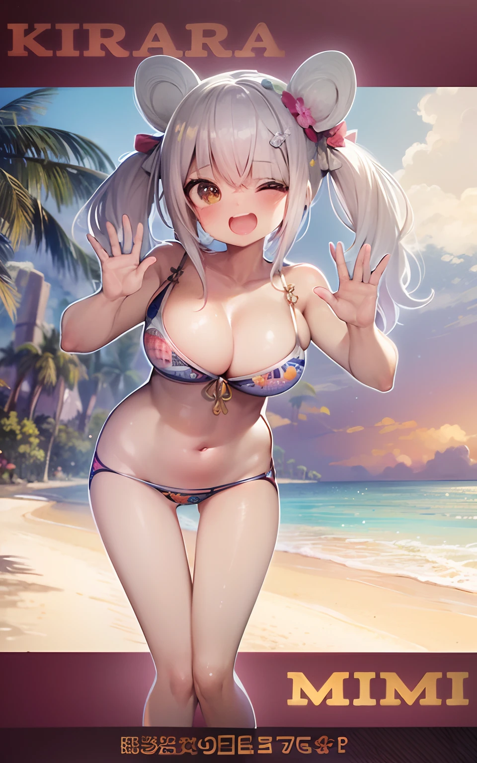 (best quality,4k,highres),realistic, vibrant colors, beach, beautiful detailed artwork (with flowers:1.1, shells, and palm trees:1.1), Kirara Mimi, vtuber, bikini:1.1, shiny and wet thighs, exposed belly button, silver hair, big and shiny breasts:1.1.