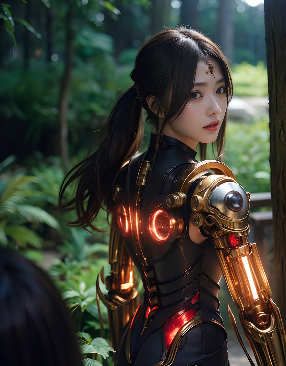 (1 Mechanical Girl)、top-quality、masterpiece、超A high resolution、(Photorealsitic:1.4)、Raw photo、1人、Golden hair、glowy skin、(((1 Mechanical Girl)))、With a beautiful knife、(Metal bodysuit)、(beautiful forest background)、Precipitous cliffs、(Small LED)、((super realistic details))、portlate、globalillumination、Shadow、octan render、(One-Eyed Scouter)、8K、ultrasharp、Colossal tits、Raw skin is exposed in cleavage、metals、Details of complex ornaments、Japan details、highly intricate detail、Realistic light、CGSoation Trends、Red Eyes、radiant eyes、Facing the camera、neon details、(Mechanical limbs)、(blood vessels connected to tubes)、Mechanical vertebrae attached to the back、mechanical cervical attaching to neck、(Wires and cables connecting to the head)、Gundam、Small LED、,Mechanical thighs、Toostock、(Hands are also made of machines)、