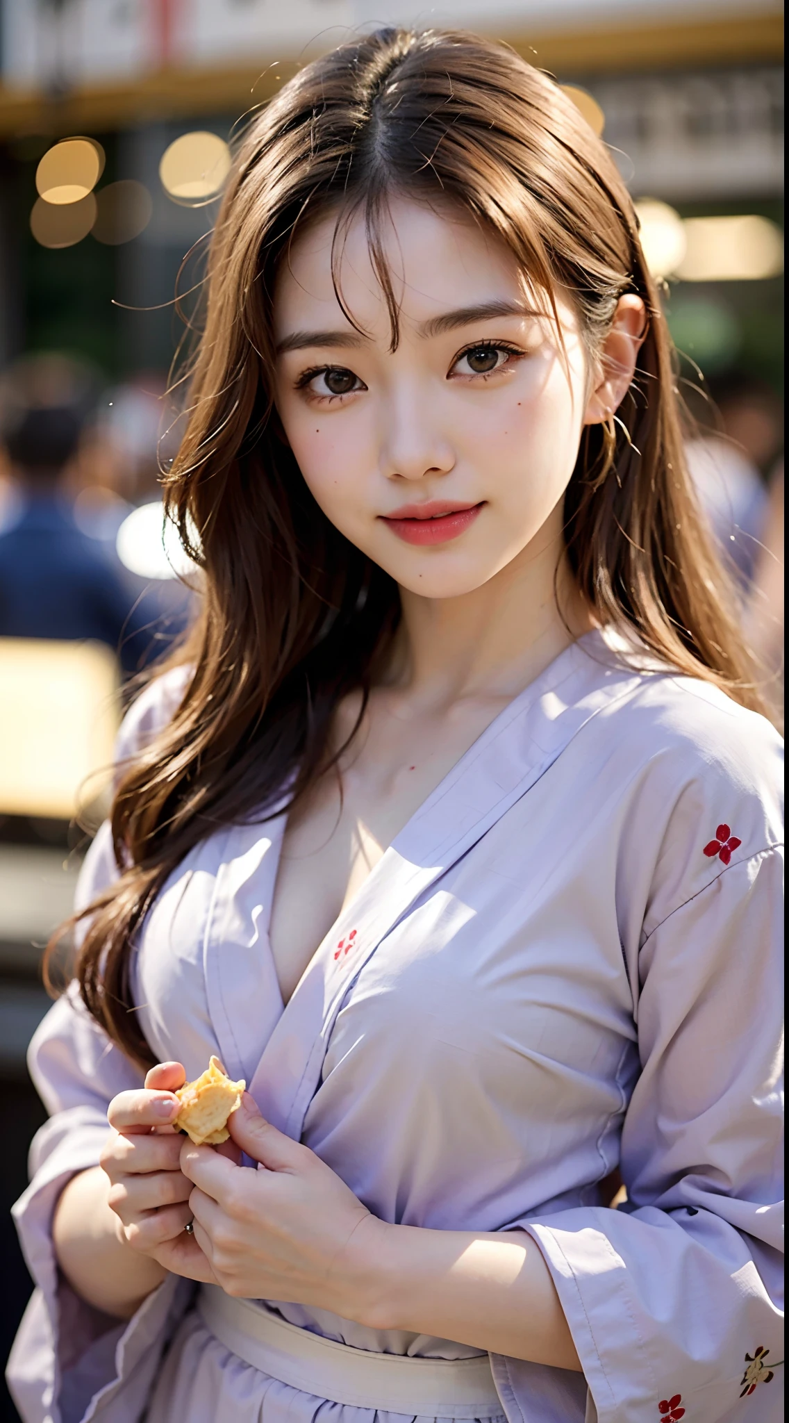 4K、Raw photo、Photoreal Stick、hight resolution , An 18-year-old woman、Face like an idol、((Mid-chest 1.6)),a blond、Wavy Hair、With bangs、yukata、Looking at the camera、(smile1.6)、Night food stalls