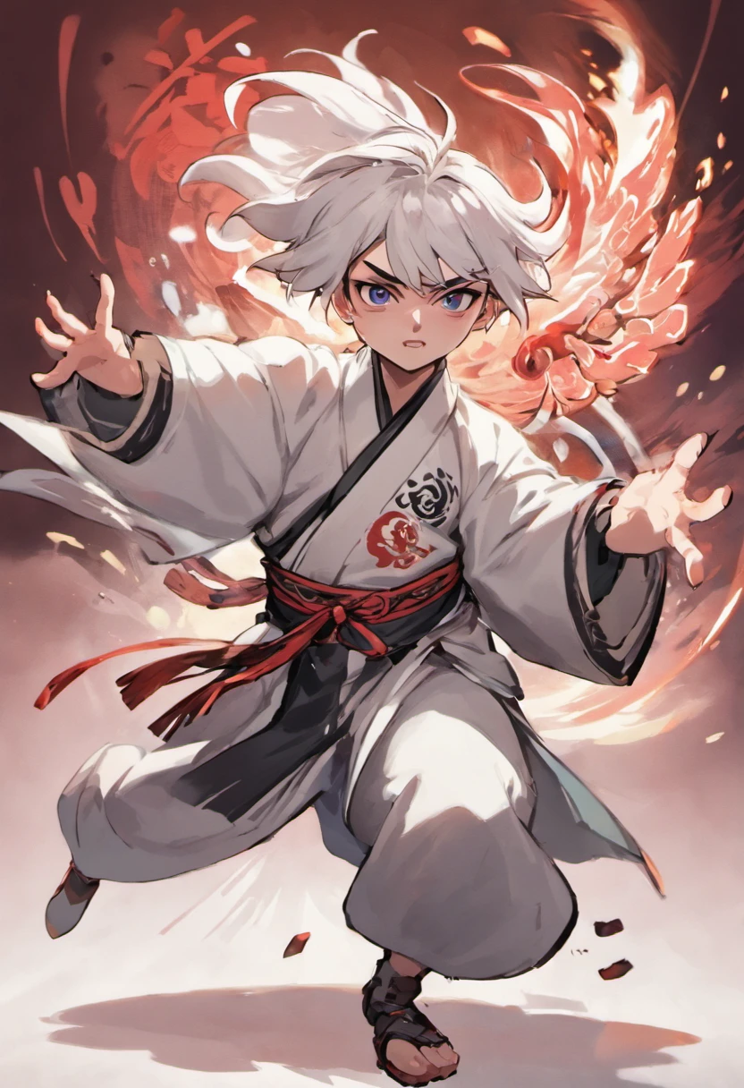 Handsome swordsman，Manteau blanc，Folding fan Hanfu，and a young fat Taoist，Humble and cute