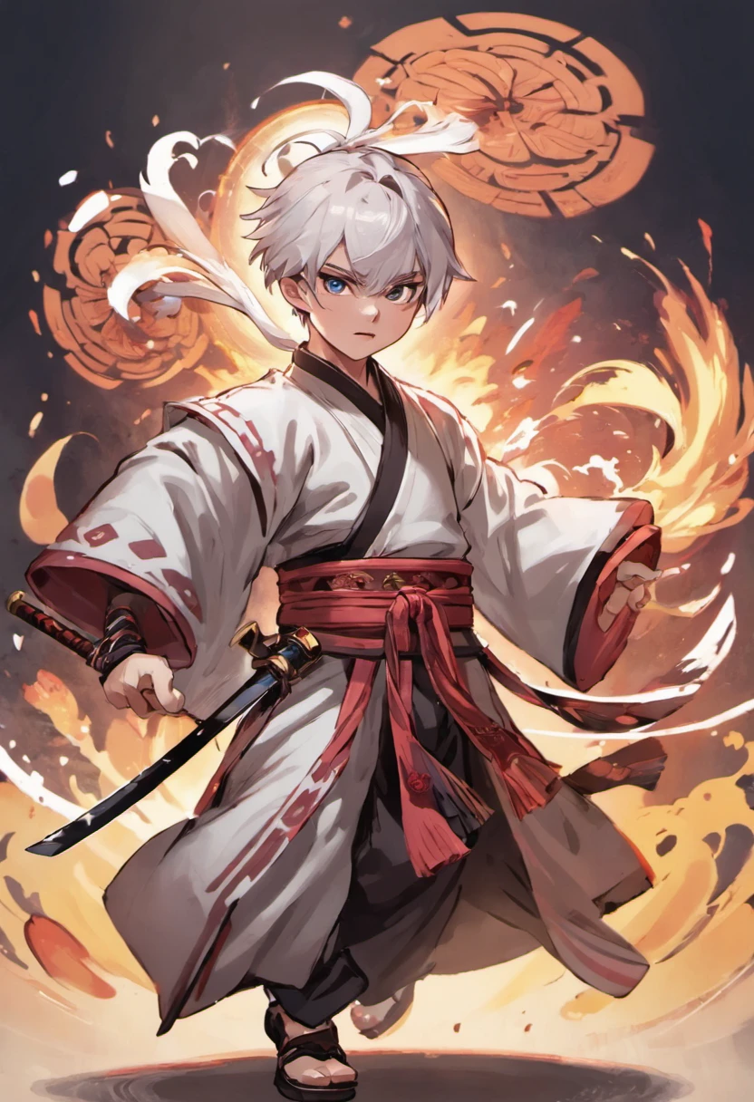Handsome swordsman,Manteau blanc,Folding fan Hanfu,and a young fat Taoist,Humble and cute