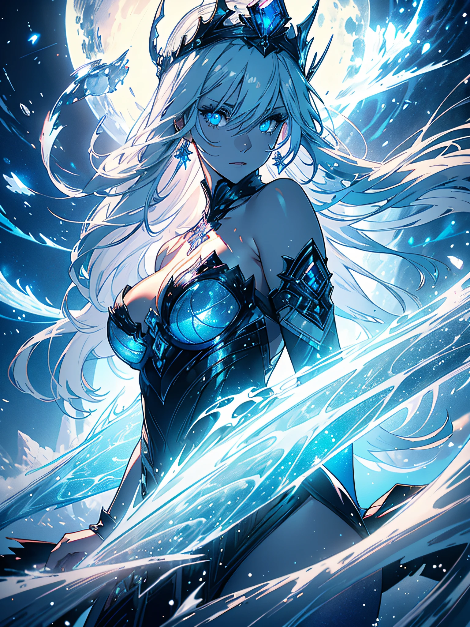 an imposing girl with long straight white hair, Full body, white silos, white eyes, medium breasts, big ass, ice crown, queen crown, royal ice queen, falling snow, snowflakes, few clothes, ice clothes with white tone , glittering ice stones all over the body, BREAK, Ice mountains, ice moon, lots of blue and white tone, mixed colors, (ultra-realistic), {extremely detailed CG unit 8k wallpaper}, Expansive landscape photography , (a bottom view that focuses on the character, expansive open field view), (low-angle shot), (high light: 1.0), (low light: 1.5), (warm light source: 0.5), complex details, (Iridescent colors: 1.5), (bright lighting), (atmospheric lighting), dreamy, magical, surrealistic, Solo1