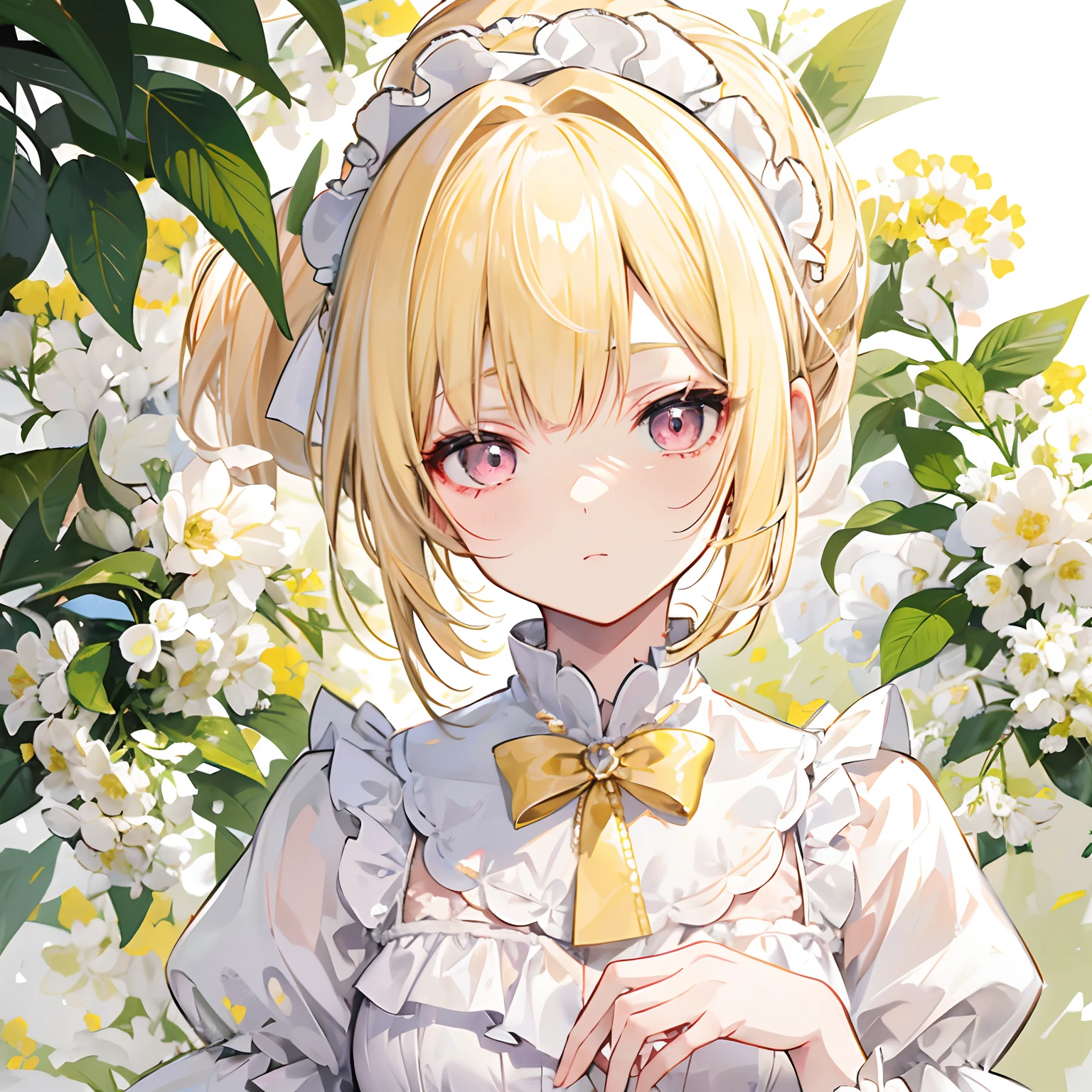 Light yellow hair，Only ponytail，The face is as gentle and cute as a doll，Pale yellow and white ta clothes，Pale pink pupils，She is a sweet girl，The voice is very soft and cute，It's called Yaojin Fawn
