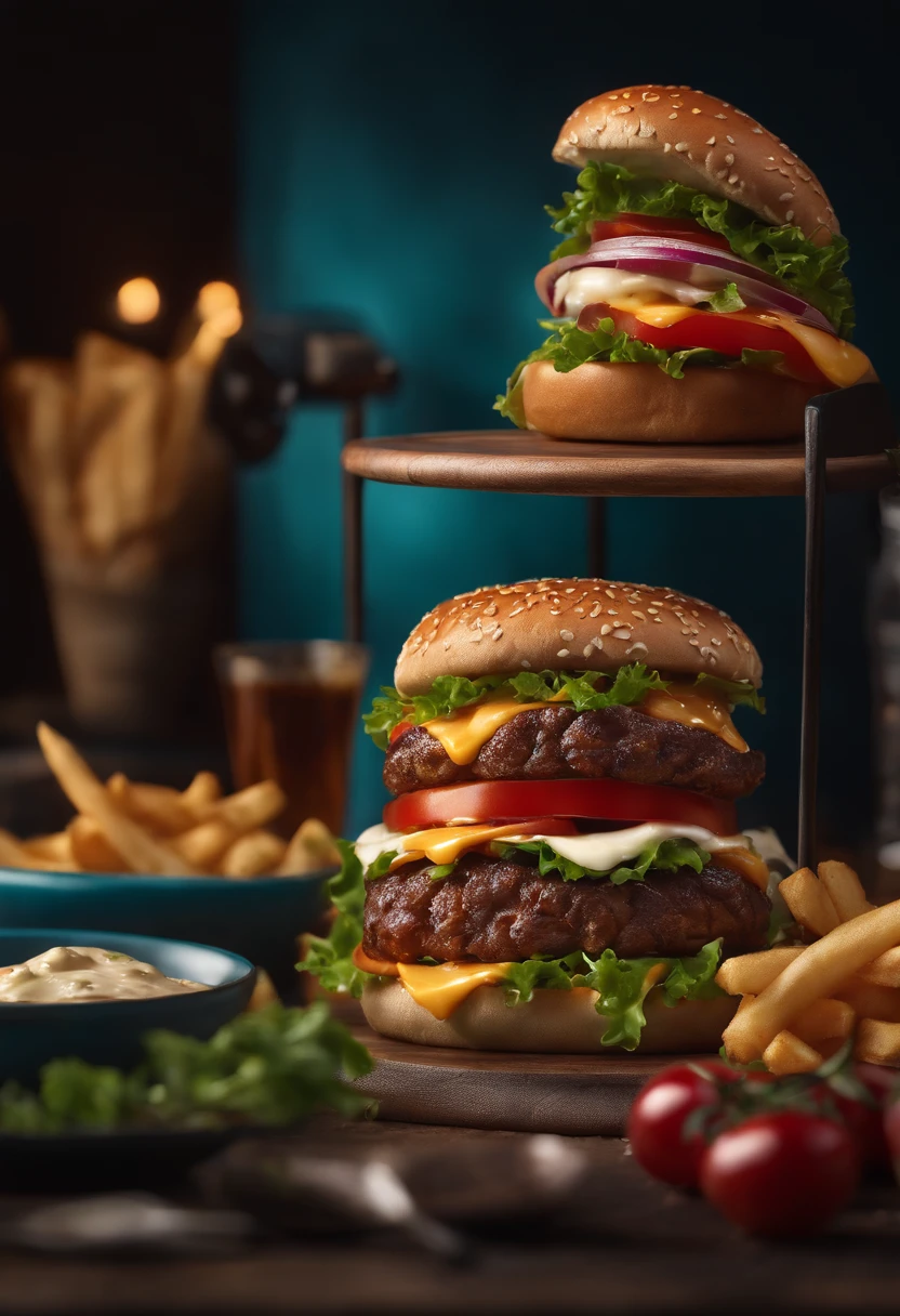 A cinematic burger, fotografia profissional, studio illumination, studio background, advertising photography, detalhes intrincados, hiper-detalhado, ultra realista, 8K UHD