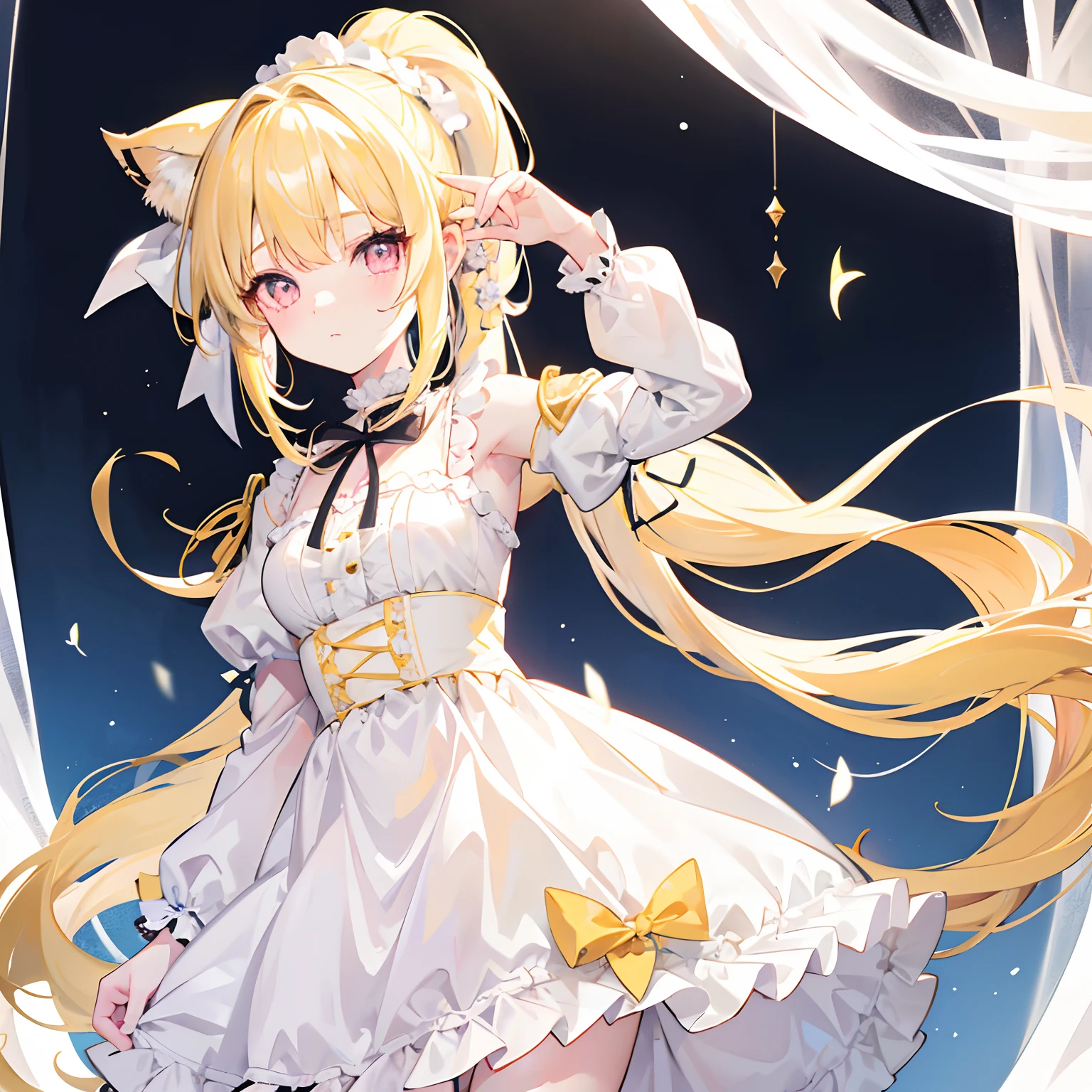 Light yellow hair，Only a ponytail is tied，The face is tender and cute like a doll，Lolita clothes with pale yellow and white，Pale pink pupils，She is a sweet girl with a very soft and cute voice，It is called Yaojin Fawn