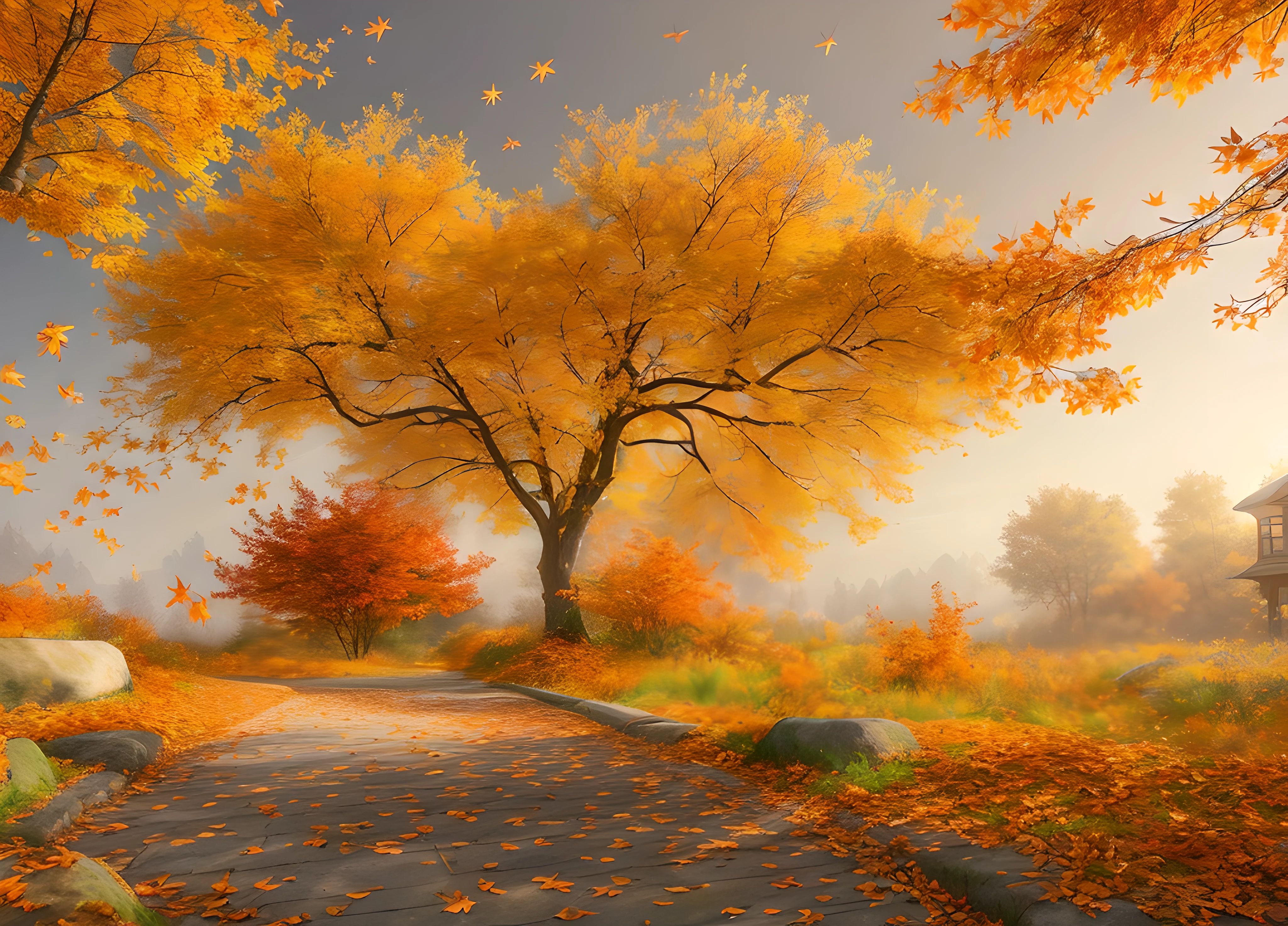 Best quality, masterpiece, photorealistic, (high resolution CGI artwork 8k), create a stunning Autmn scenery, the color scheme is ethereal in orange, reflective gold leaves, high-resolution, 3D-rendered masterpiece of digital art, dreamy glimmer
