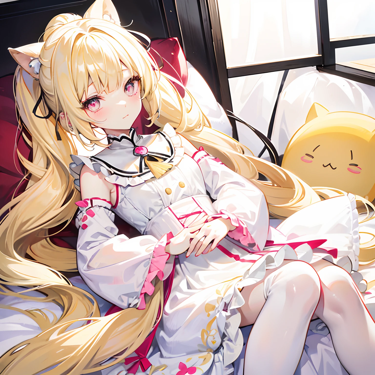 Light yellow hair,Only a ponytail is tied,The face is tender and cute like a doll,Lolita clothes with pale yellow and white,Pale pink pupils,She is a sweet girl with a very soft and cute voice,It is called Yaojin Fawn