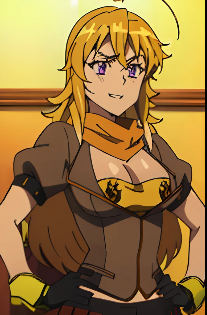 (masterpiece, best quality:1.2), cowboy shot, solo, 1girl, ((((yang xiao long 1.2)))), grin, hand on hip, ahoge, purple eyes, brown jacket, yellow tube top, black shorts, black fingerless gloves, orange scarf, waist cape, midriff, cleavage, large breasts, beautiful eyes, highly detailed eyes,(((8k))),anime screencap