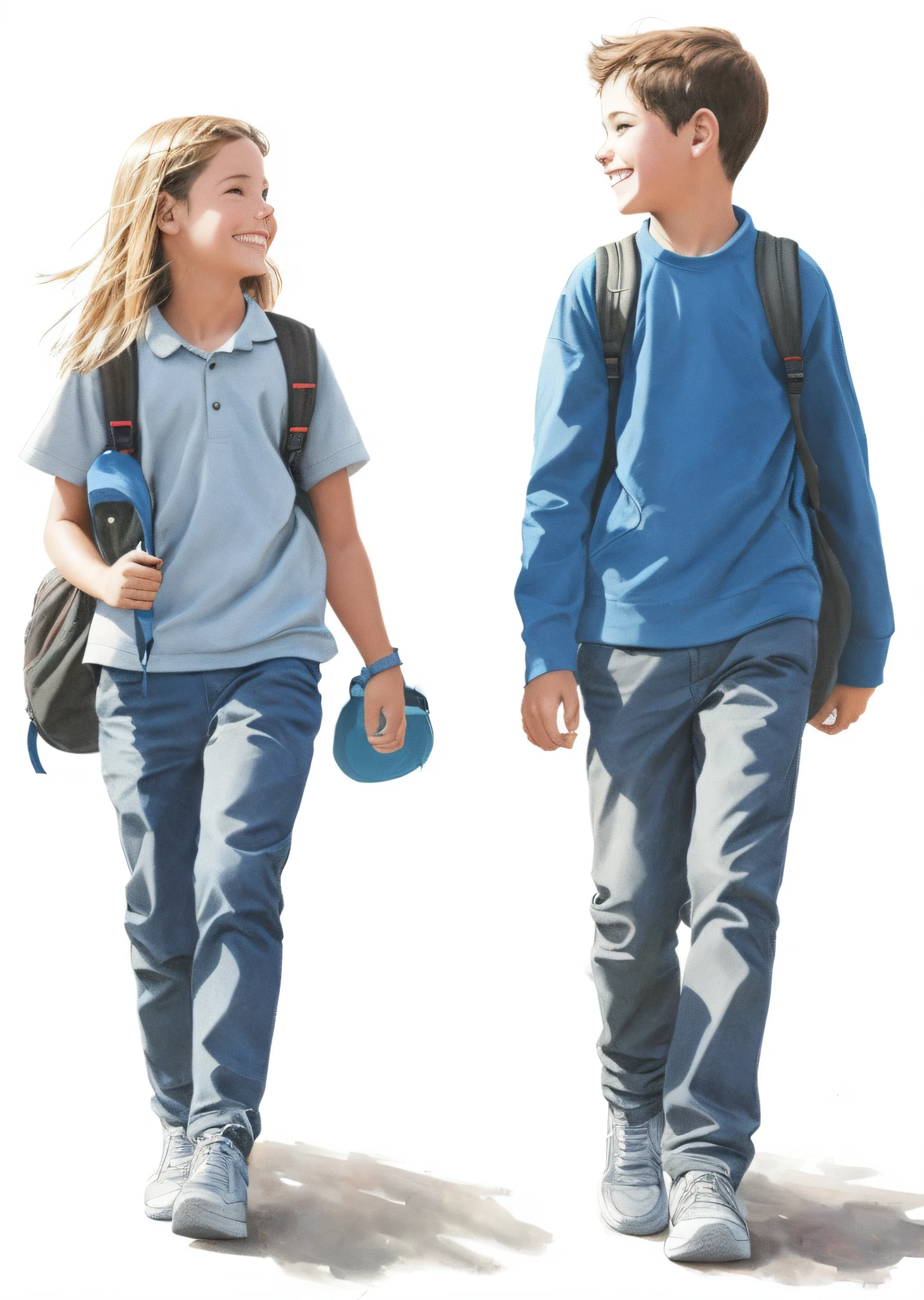 painting of a boy and girl walking together with a backpack, boy and girl, walking together, by Alex Ross, students, looking to each other and smiling