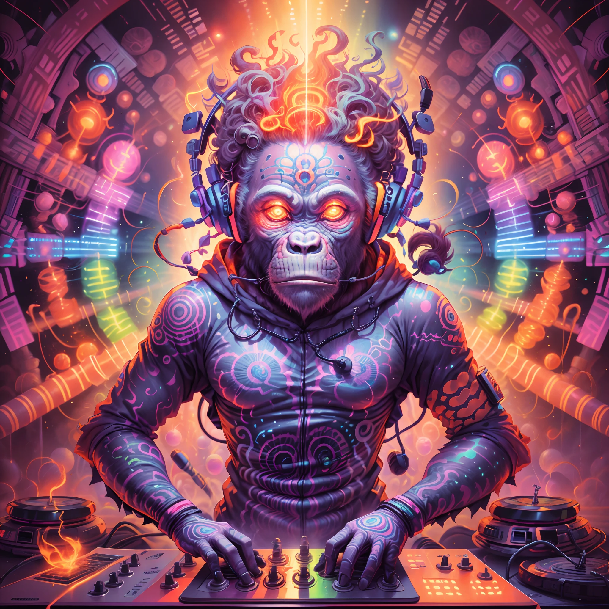 chimpanzee witch doctor close up, masterpiece, beautiful psychedelic landscape, black light painting PsyAI