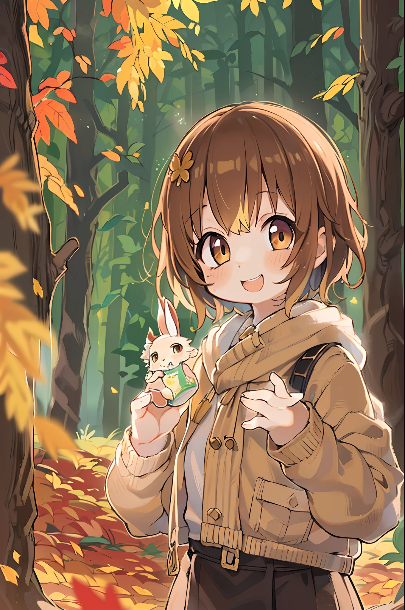 Beautiful Girl, (((((Small)))), face showing,, Short hair, brown, 8K, Professional Photography, Delicate, Clear, In the autumn forest, Sun, light leaks, masutepiece, (Beautiful)))), Chibi, Smile, Fantastic, Rabbit ears, 年轻