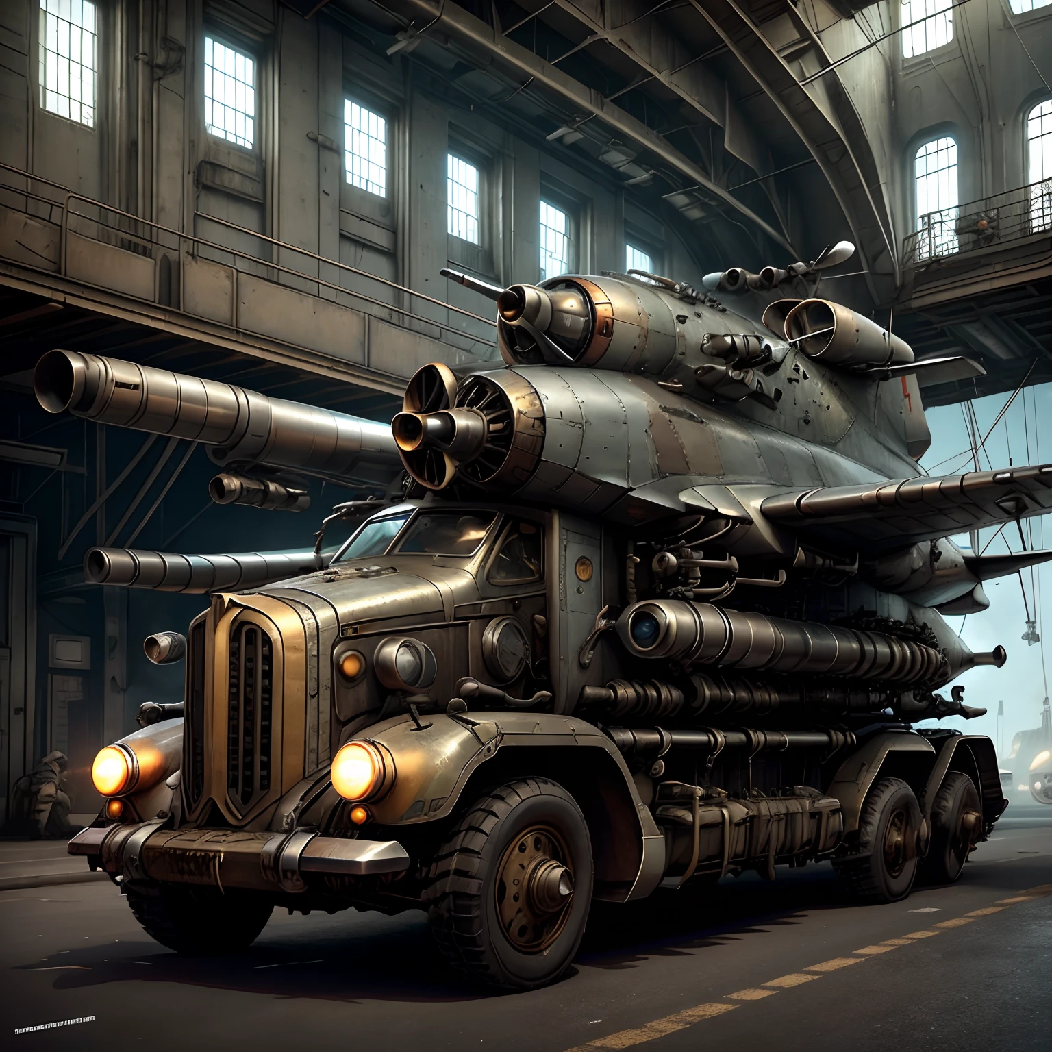 Model DreamShaper,Dieselpunk REDONE , Beige Fighter Military Aircraft , standing on the road , Its chassis are visible , machine guns are visible on the side on the body of the aircraft , Front light.