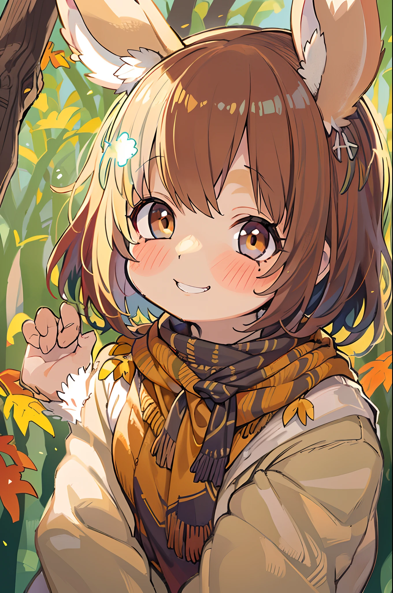 Beautiful Girl, (((((Small)))), face showing,, Short hair, brown, 8K, Professional Photography, Delicate, Clear, In the autumn forest, Sun, light leaks, masutepiece, (Beautiful)))), Chibi, Smile, Fantastic, Rabbit ears, 年轻