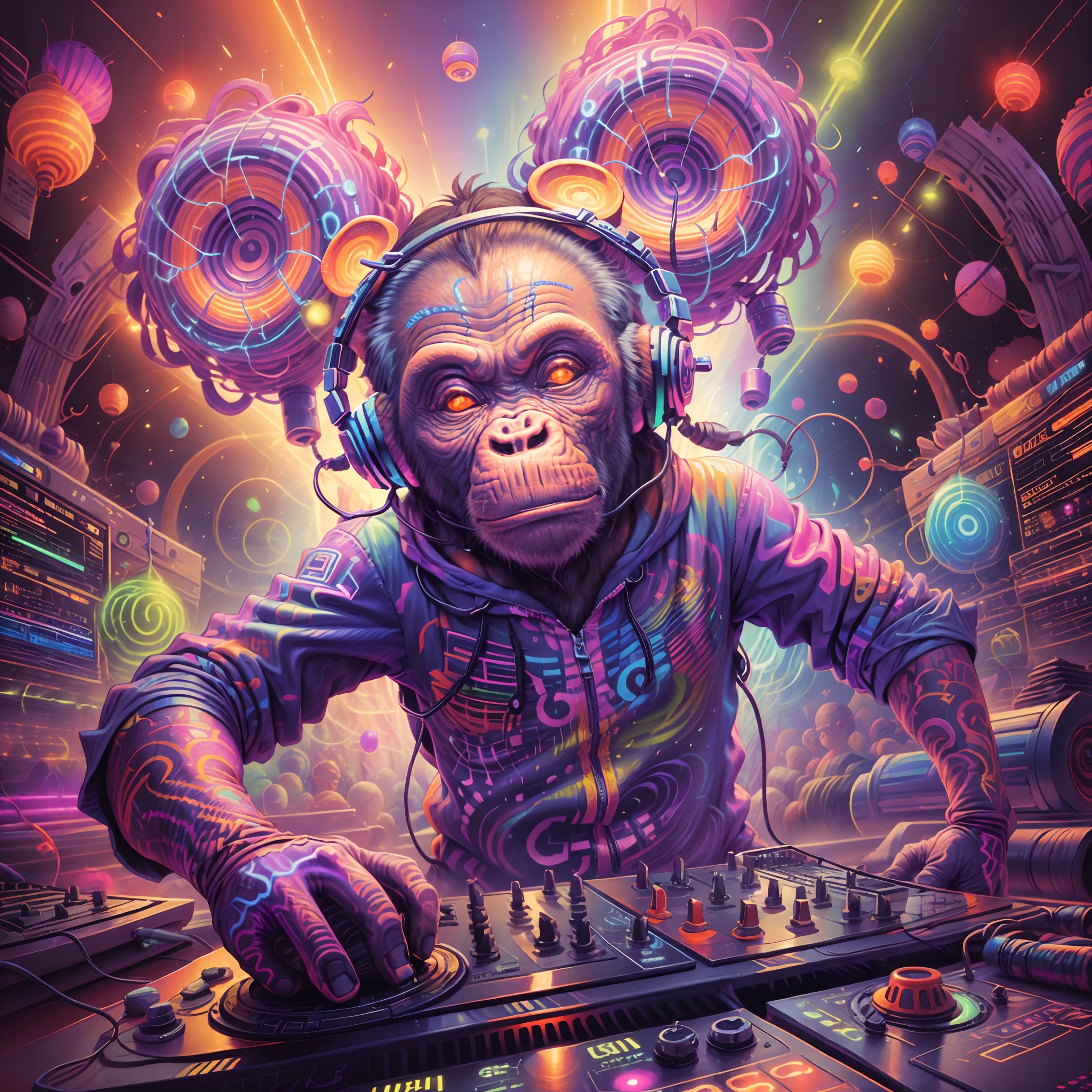 A neopunk DJ chimpanzee unleashes an electrifying and psychedelic performance, captivating the audience with mind-bending beats. The vibrant colors and pulsating rhythms create a hypnotic atmosphere,