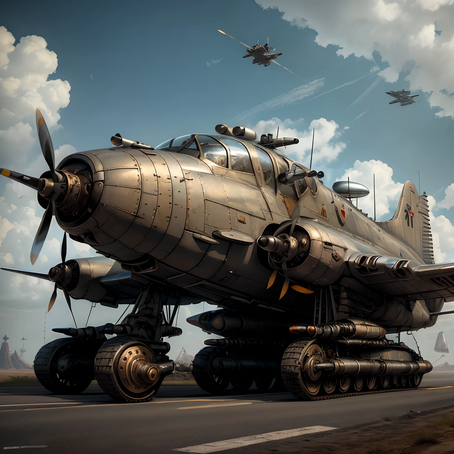 Model DreamShaper,Dieselpunk REDONE , Beige Fighter Military Aircraft , standing on the road , Its chassis are visible , machine guns are visible on the side on the body of the aircraft , Front light.