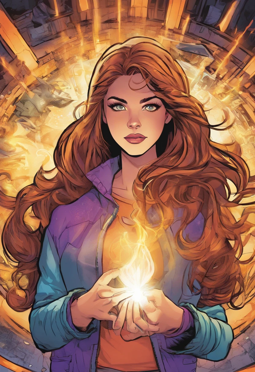 a 19 year old girl with light brown hair and brown eyes and purple electricity powers