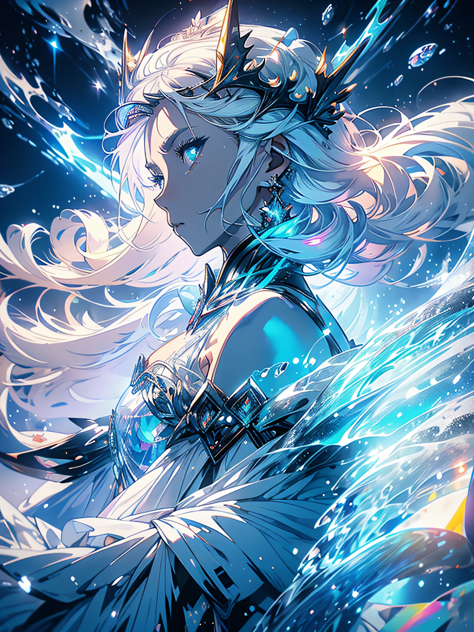 an imposing girl in profile with long straight white hair, white silos, white eyes, ice crown, queen crown, ice queen, falling snow, snowflakes, few clothes, ice clothes with white tone, glittering ice stones all over the body, BREAK, Ice mountains, ice moon, lots of blue and white tone, mixed colors, (ultra-realistic), {extremely detailed CG unit 8k wallpaper}, Expansive landscape photography, (a view of low-angle shot, (high light: 1.0), (low light: 1.5), (warm light source: 0.5), complex details, (Iridescent colors: 1.5) ), (bright lighting), (atmospheric lighting), dreamy, magical, surrealist, (solo: 0.5)