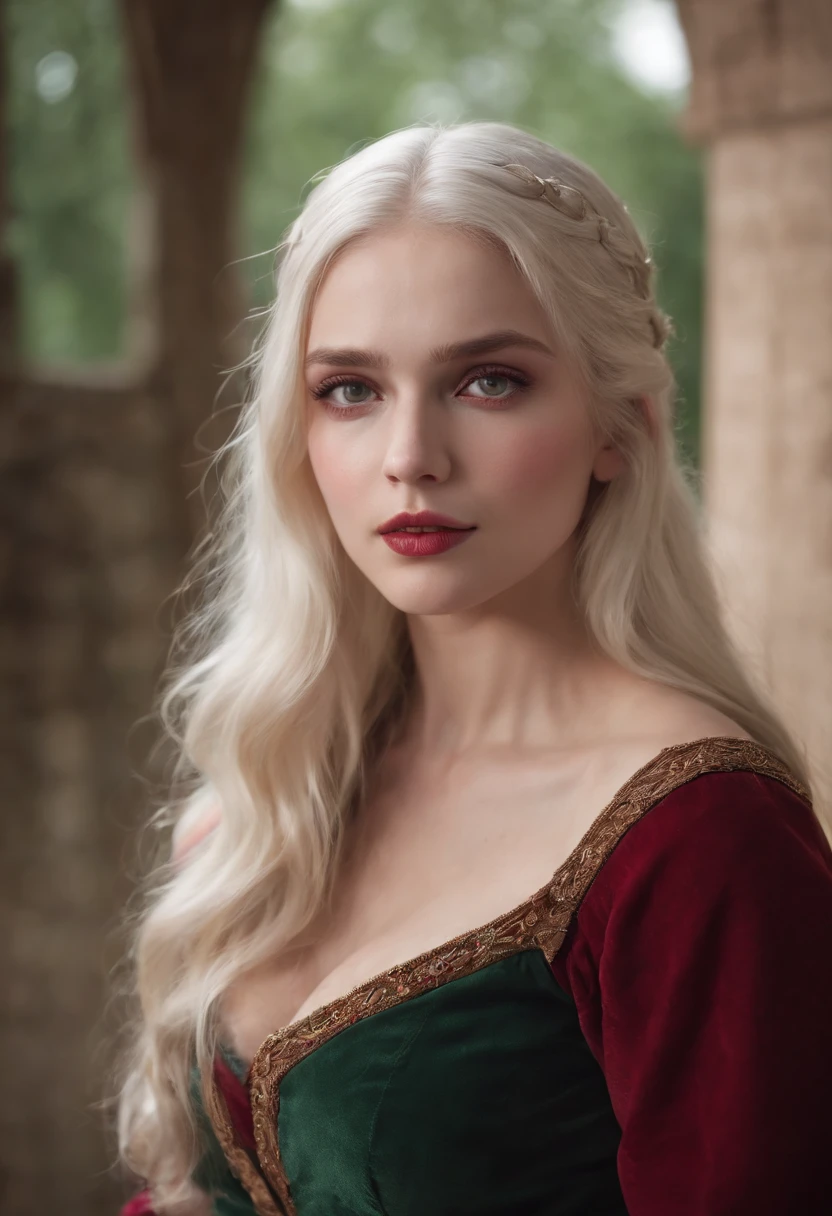 (((A crimson wound crossed her left cheek.))) Fair-skinned, The woman is about 19 years old., Natural White Hair, Prominent green eyes, Wear KOHL, Sleek and elegant, Beautiful, Candlelight in a medieval atmosphere, ultra sharp focus, Realistic shooting, Medieval women's clothing, tetradic color (scar:1.4),large boobs