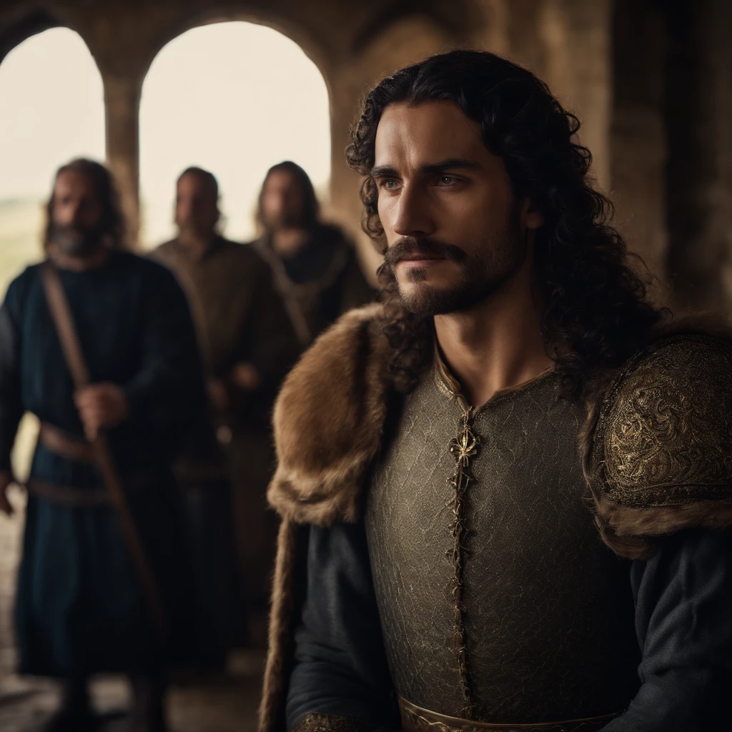Homem Rei medieval, french, cabelo loiro ondulado, coroa de ouro