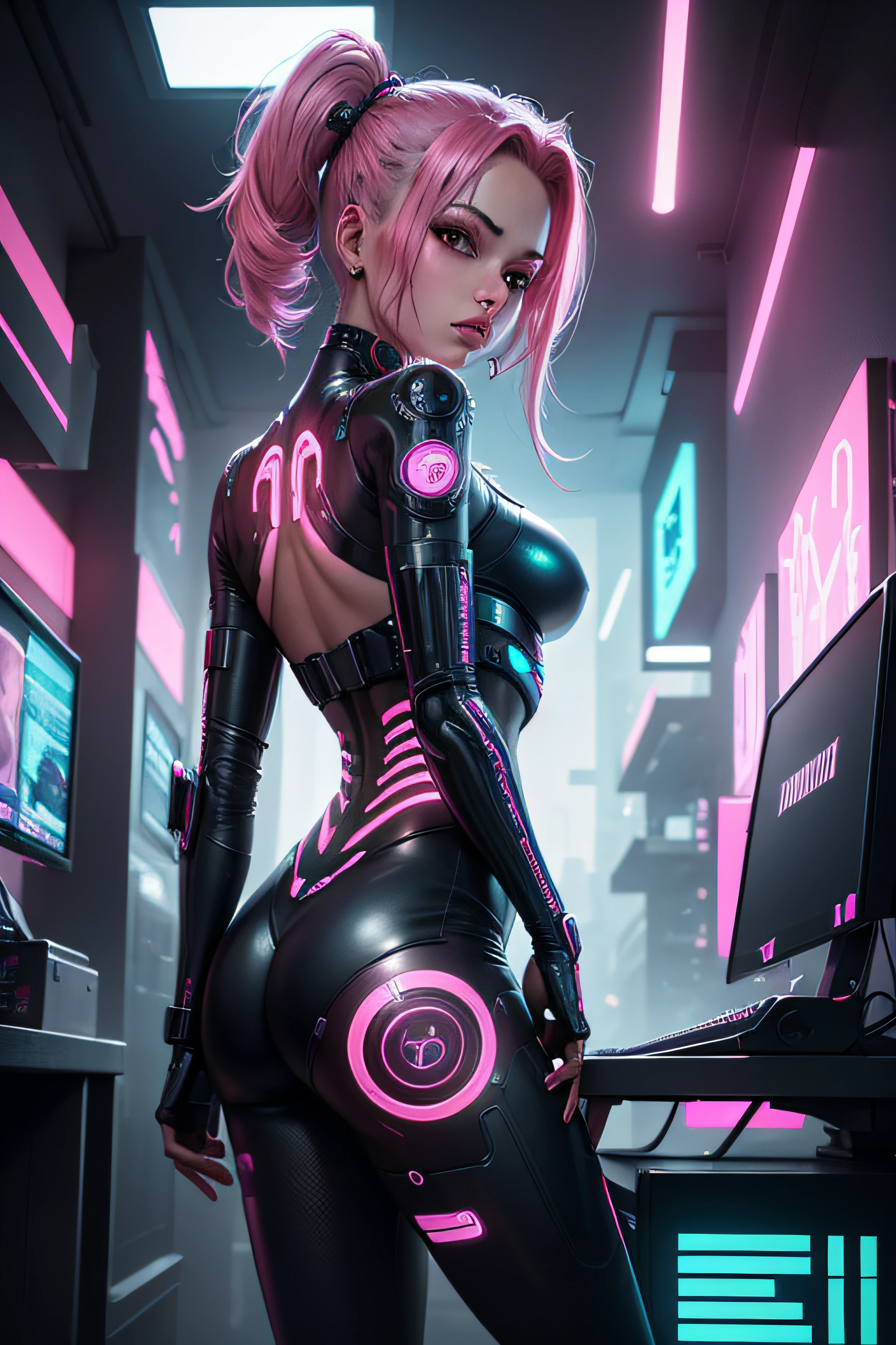pink cyborg, female android, hacking, netrunner cyberpunk, computer, hologram, cyberpunk city, computer, intricate mechanical detail, best quality, cinematic lighting, best quality, 64k