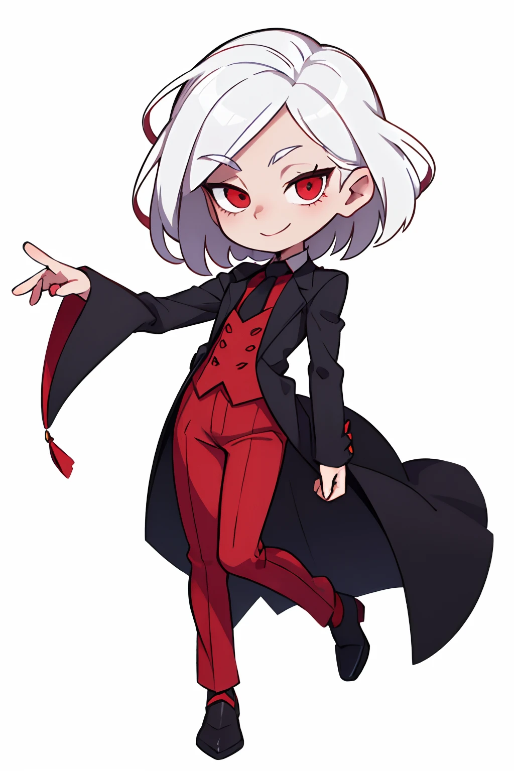 ((beste-Qualit, tmasterpiece)), Young guy, Beautiful appearance, albino, White Skin Skin, red-eyes, black fashionable clothes, Classic costume, tie, Long legs, white colored hair, hairlong, ssmile