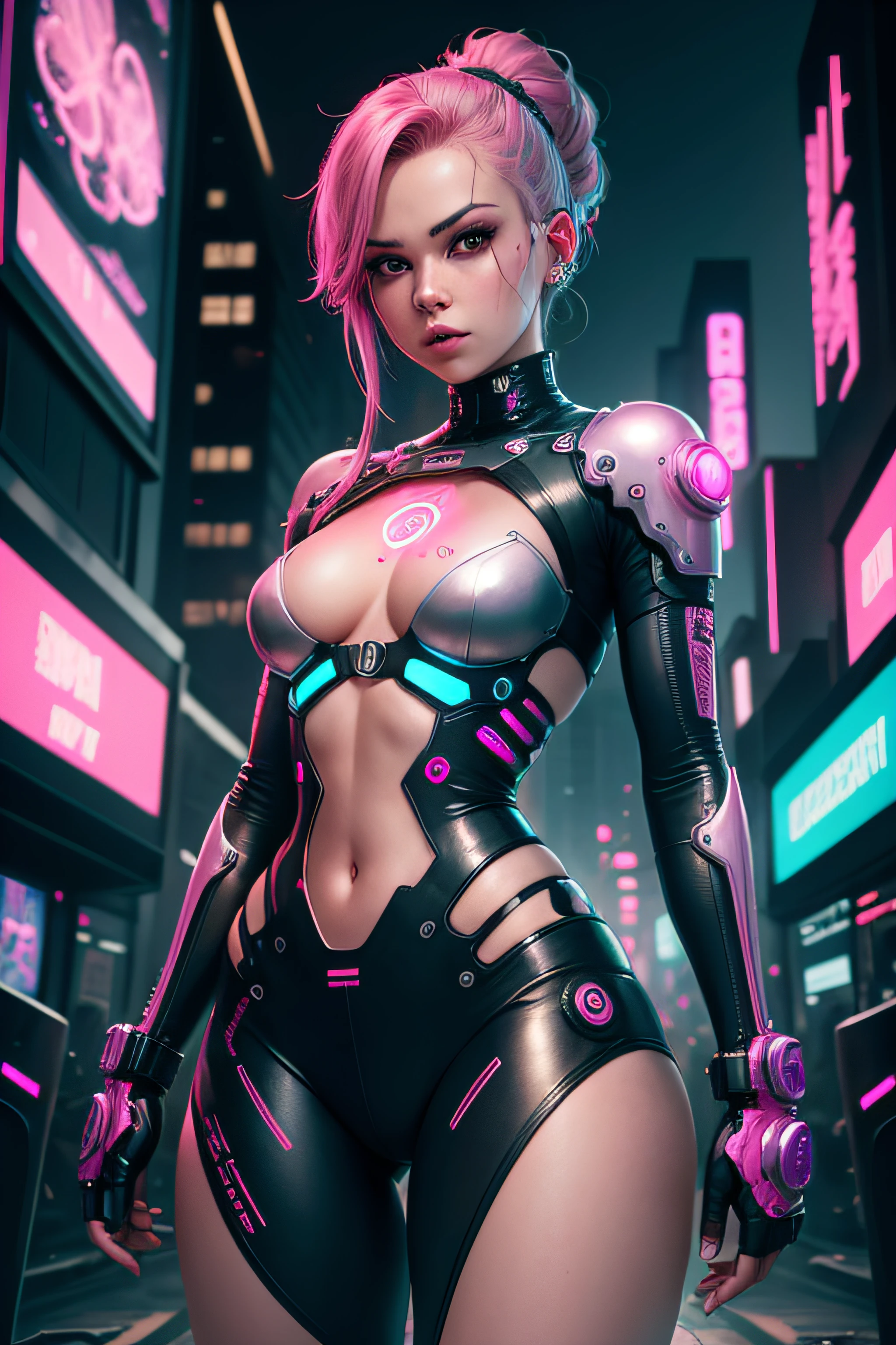 pink cyborg, female android, hacking, netrunner cyberpunk, computer, hologram, cyberpunk city, computer, intricate mechanical detail, best quality, cinematic lighting, best quality, 64k