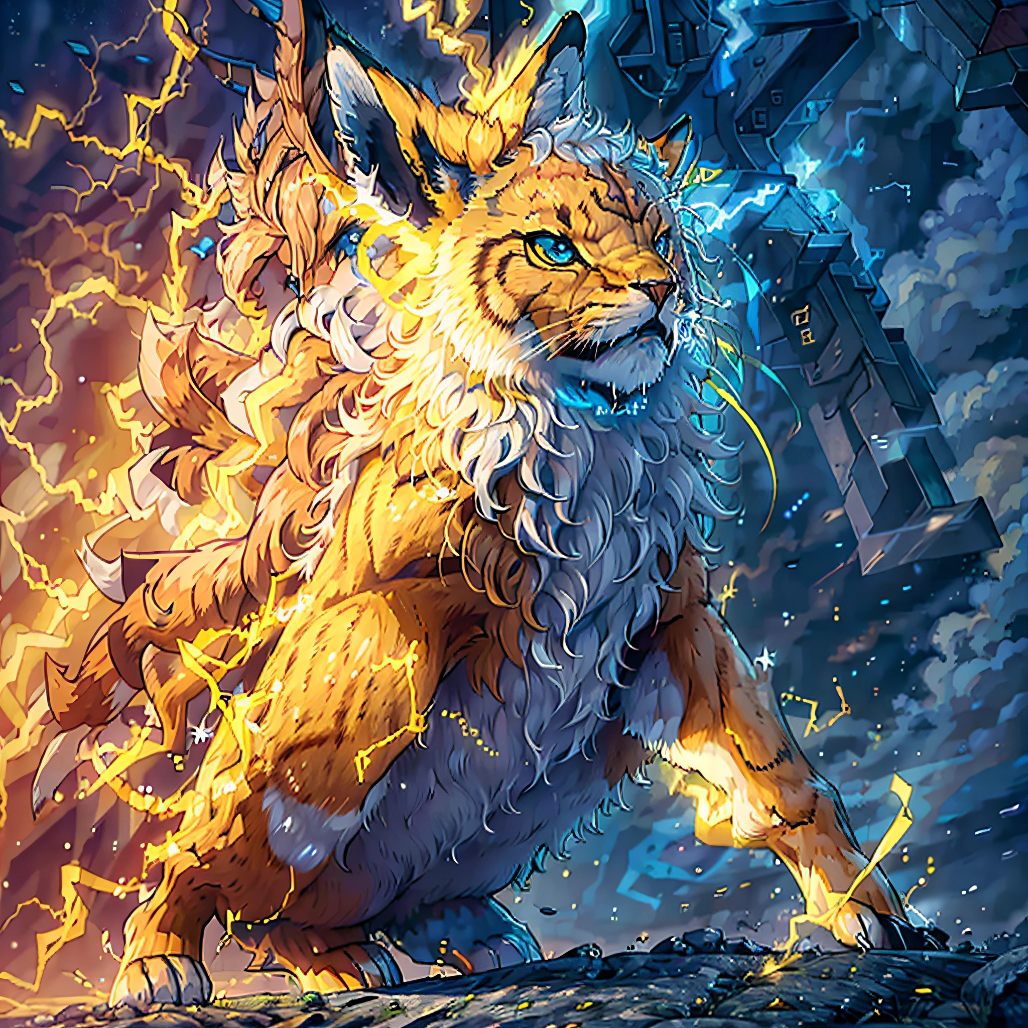 pelagem azulada, lion with electric manes shooting lightning bolts, olhos felinos amarelos, presas grandes, garras amarelas, cauda em formato de relampago, pelos azulados e mesclados de azul claro, peitoral branco, (ultra-realistic), {extremamente detalhado CG unidade 8k papel de parede}, Fotografia de paisagem expansiva, (uma vista centralizada que foque o personagem, expansive open field view), (low-angle shot), (luz alta: 1.7), (luz baixa: 1.5), (fonte de luz quente: 1.4), detalhes complexos, (Cores iridescentes: 1.5), (bright illumination), (amospheric lighting), sonhador, magico, animal, pokemon, surrealista