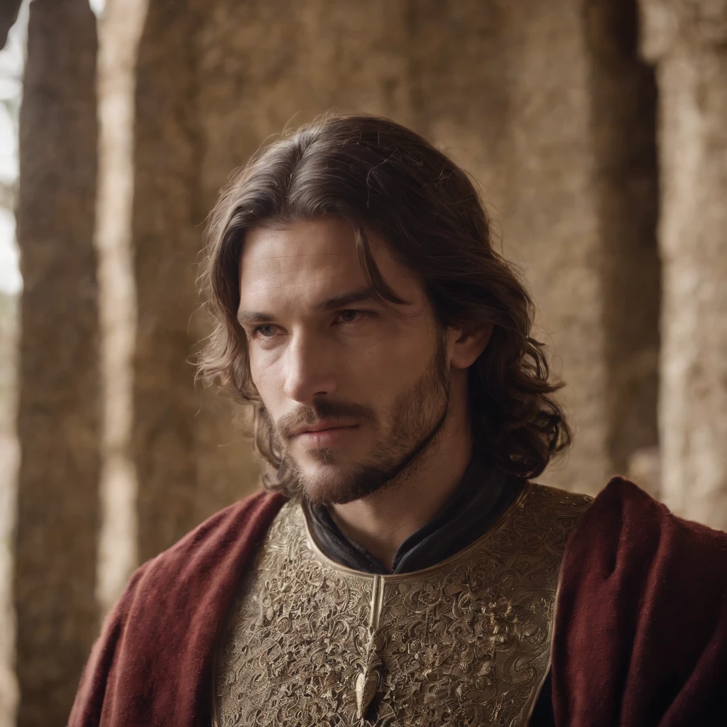 Homem Rei medieval, french, cabelo loiro ondulado, coroa de ouro