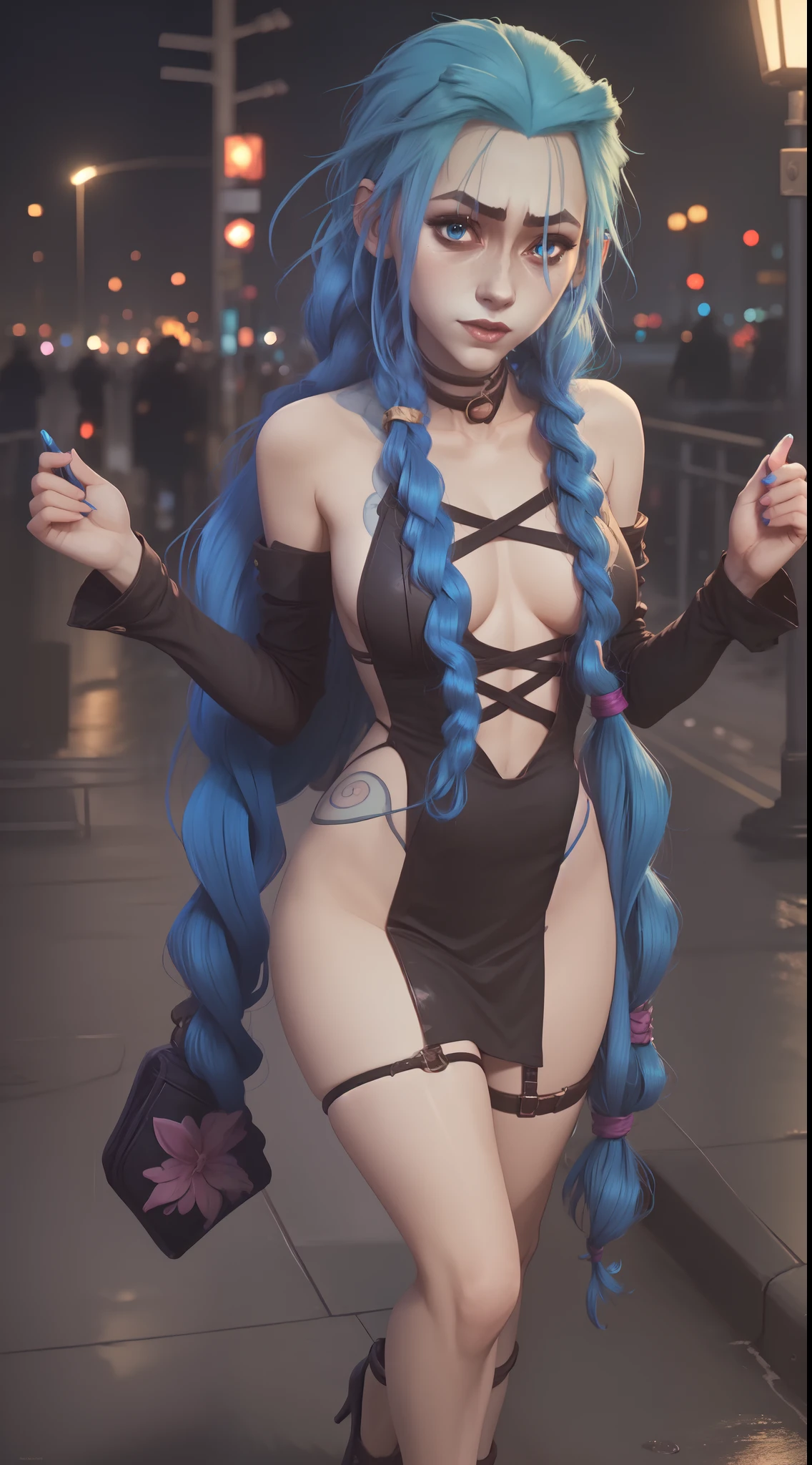 (ANIME ART STYLE),Jinx from arcane,long, blue hair with two long braids extending from the bottom,blue eyes, wearing lingerie, heels, standing on the night city rainy street, vibrant colours, joyful expression, blushing, dynamic pose, blue cloud forms adorning her arm and chest.