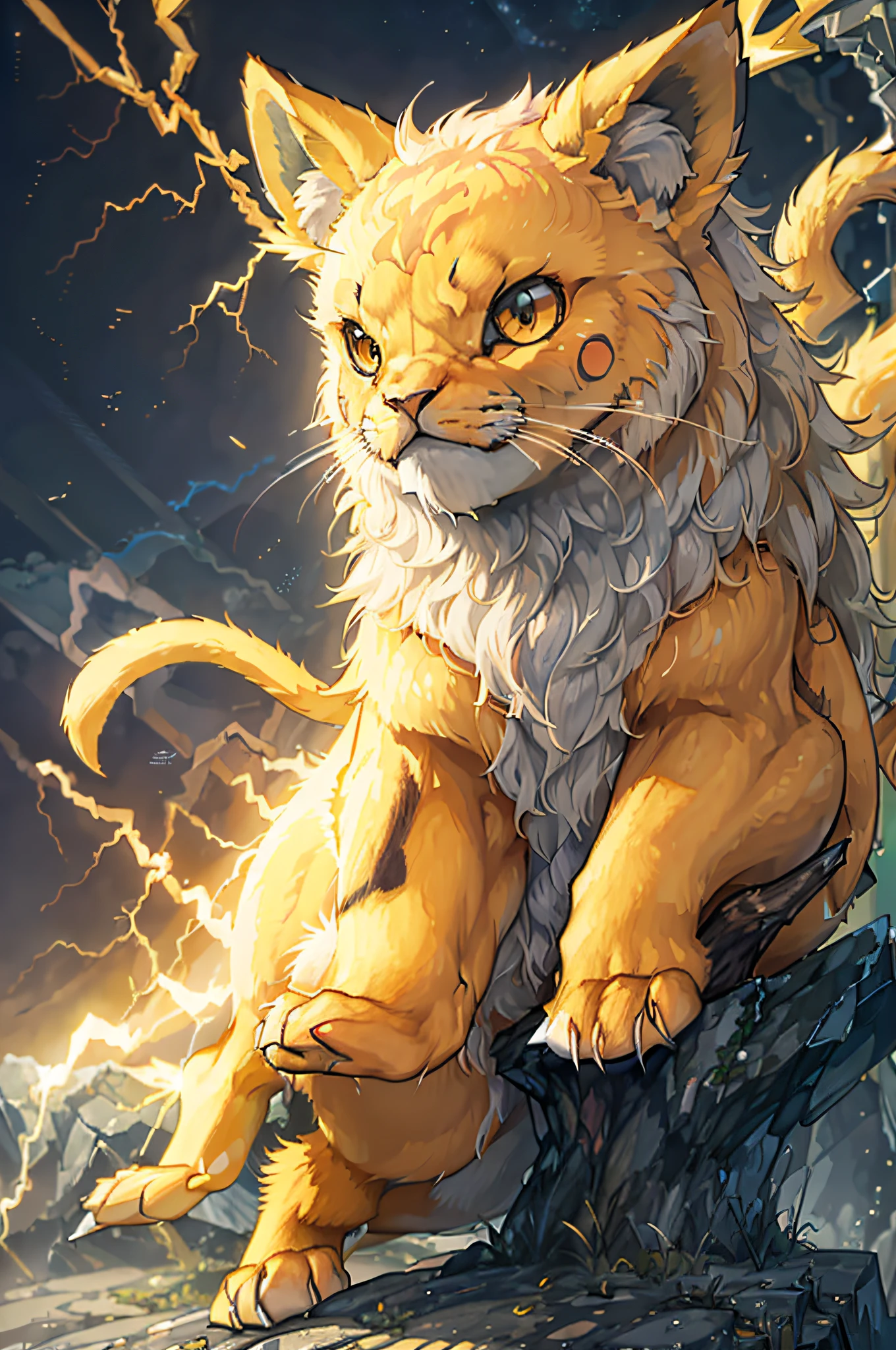 Pokemon, lion with electric manes shooting lightning, yellow feline eyes, large fangs, yellow claws, lightning-shaped tail, bluish fur mixed with light blue, white chest, (ultra-realistic), {extremely detailed CG unit 8k wallpaper wall}, Expansive landscape photography, (a centered view that focuses on the character, expansive open field view), (low-angle shot), (high light: 1.7), (low light: 1.5), (warm light source: 1.4), complex details, (Iridescent colors: 1.5), (bright lighting), (atmospheric lighting), dreamy, magical, animal, pokemon, surrealist