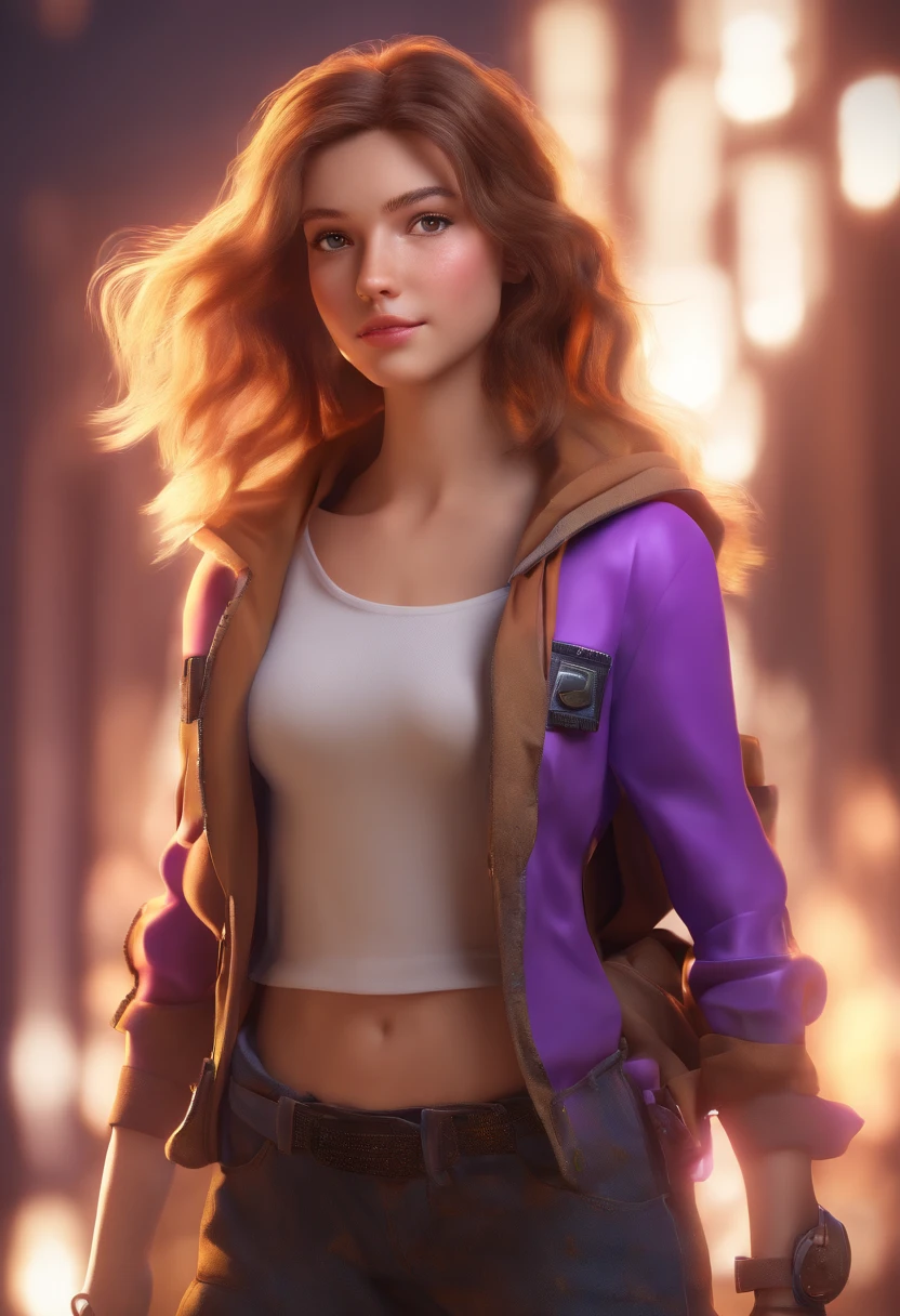 a 19 year old girl with light brown hair and brown eyes and purple electricity powers