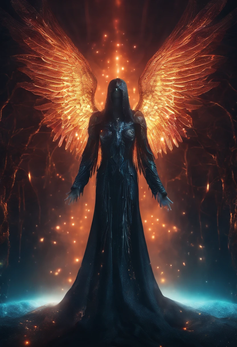 Cosmic Fallen Angel, glowing light eyes, Biomechanical, eerie, Creepy, nightmarish, Very bright colors, Light particles, with light glowing, Mshiff, wallpaper art, UHD wallpaper